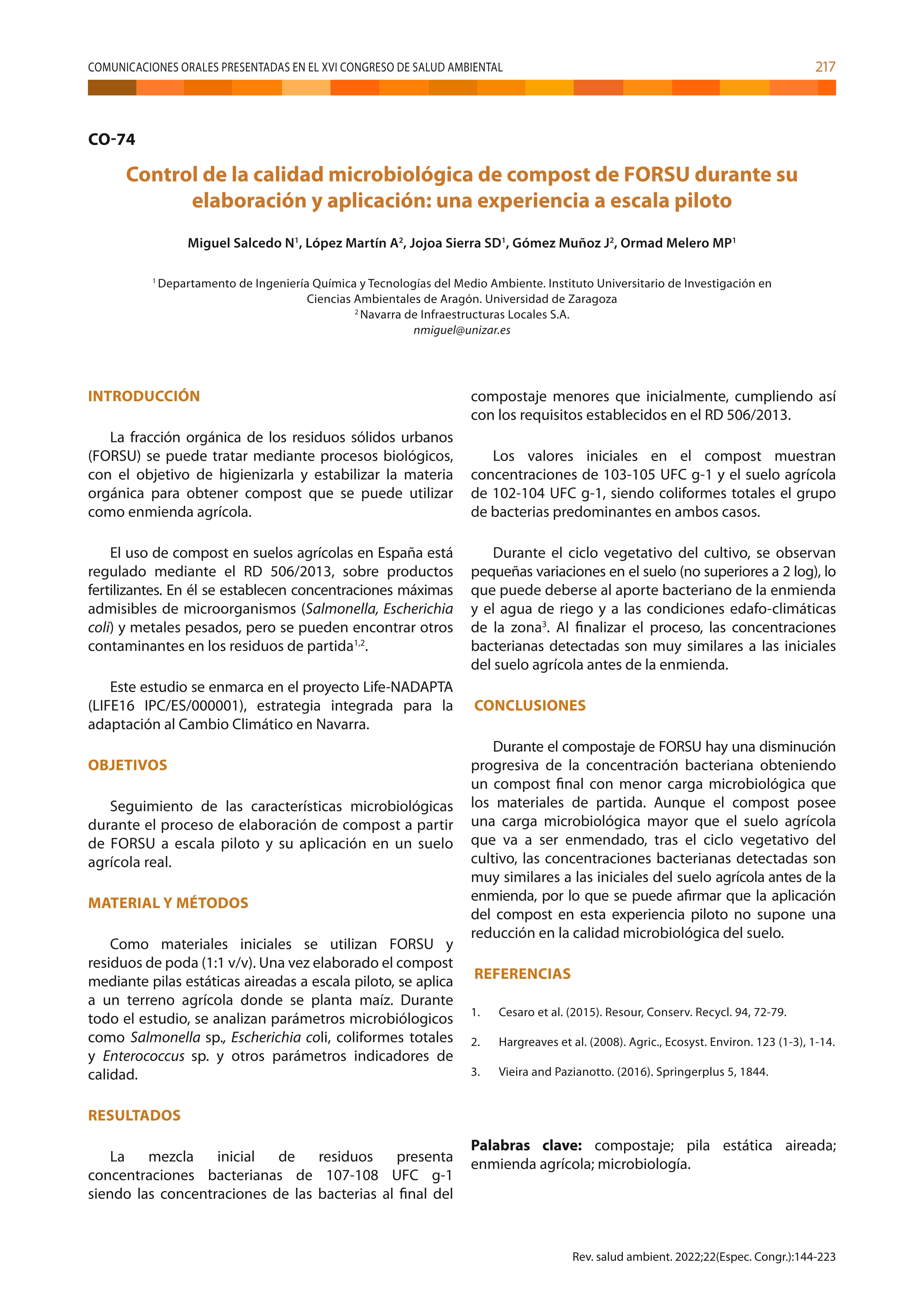 Control de la calidad microbiológica de compost de FORSU durante su elaboración y aplicación: una experiencia a escala piloto