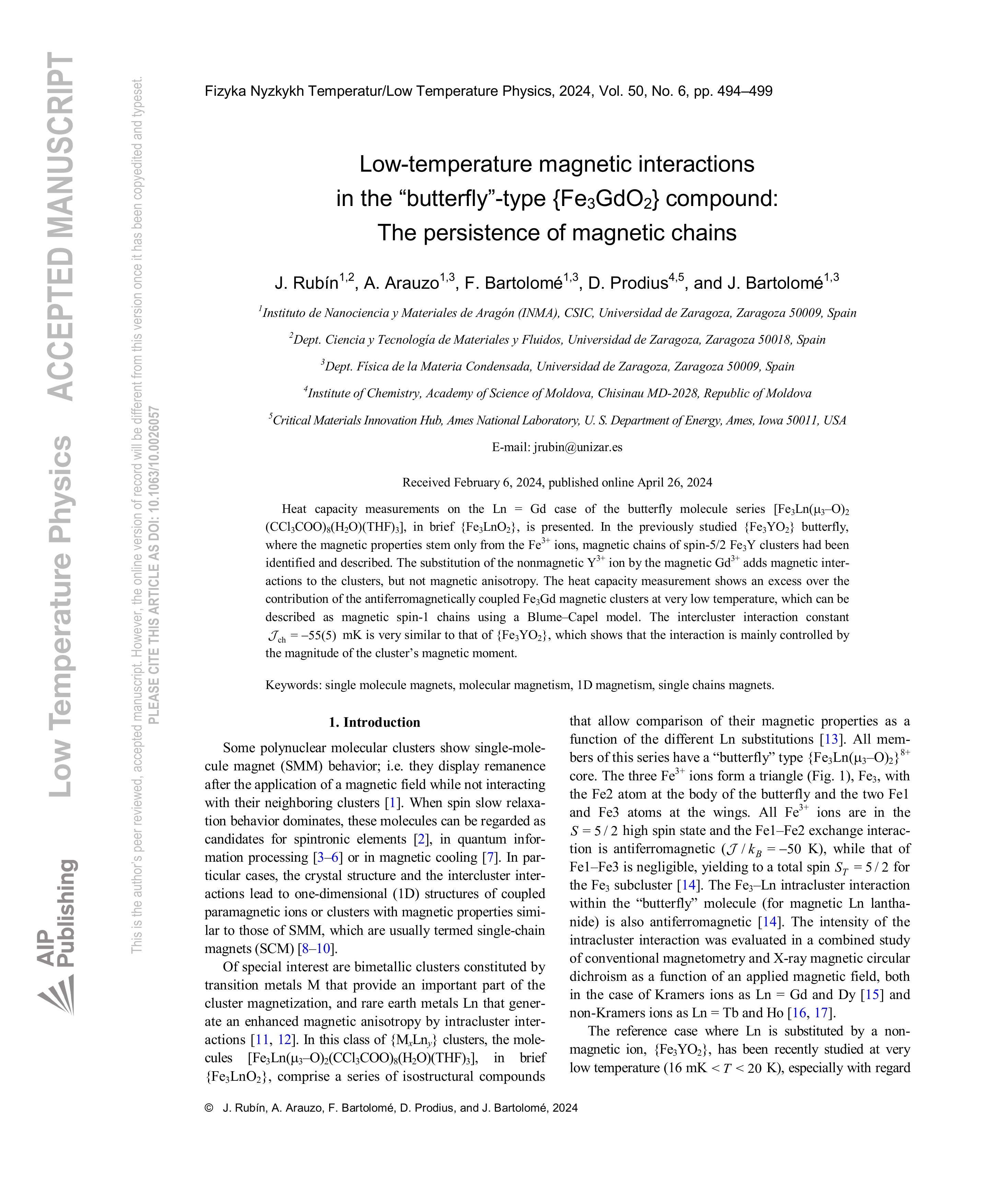 Low-temperature magnetic interactions in the “butterfly”-type {Fe3GdO2} compound: The persistence of magnetic chains