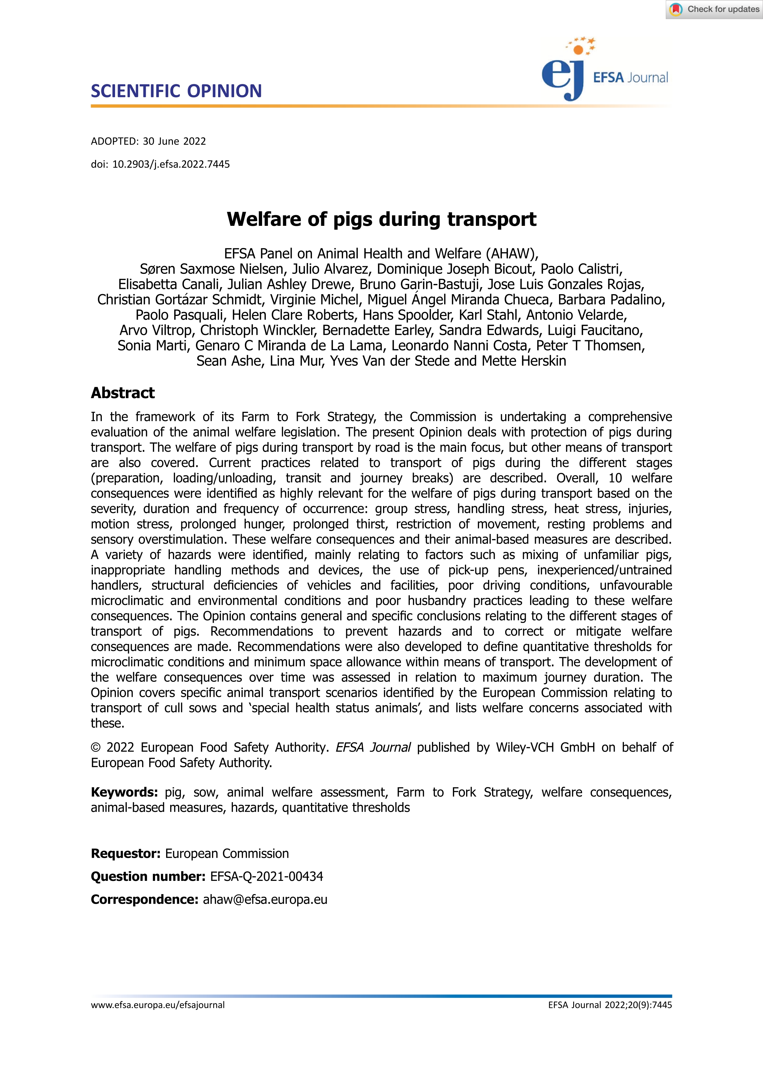 Welfare of pigs during transport