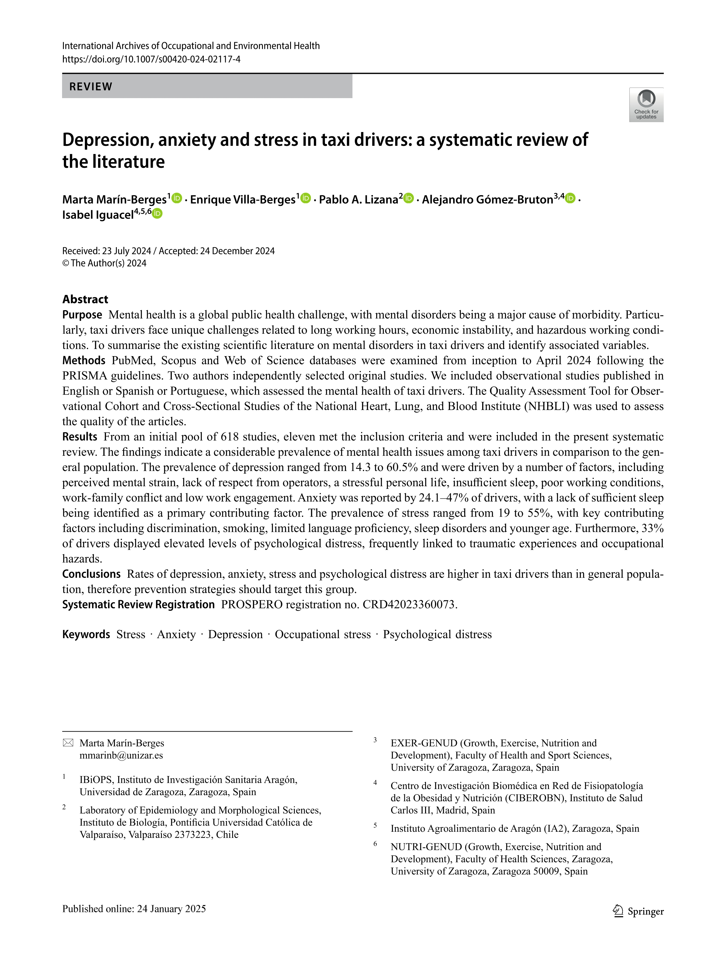 Depression, anxiety and stress in taxi drivers: a systematic review of the literature