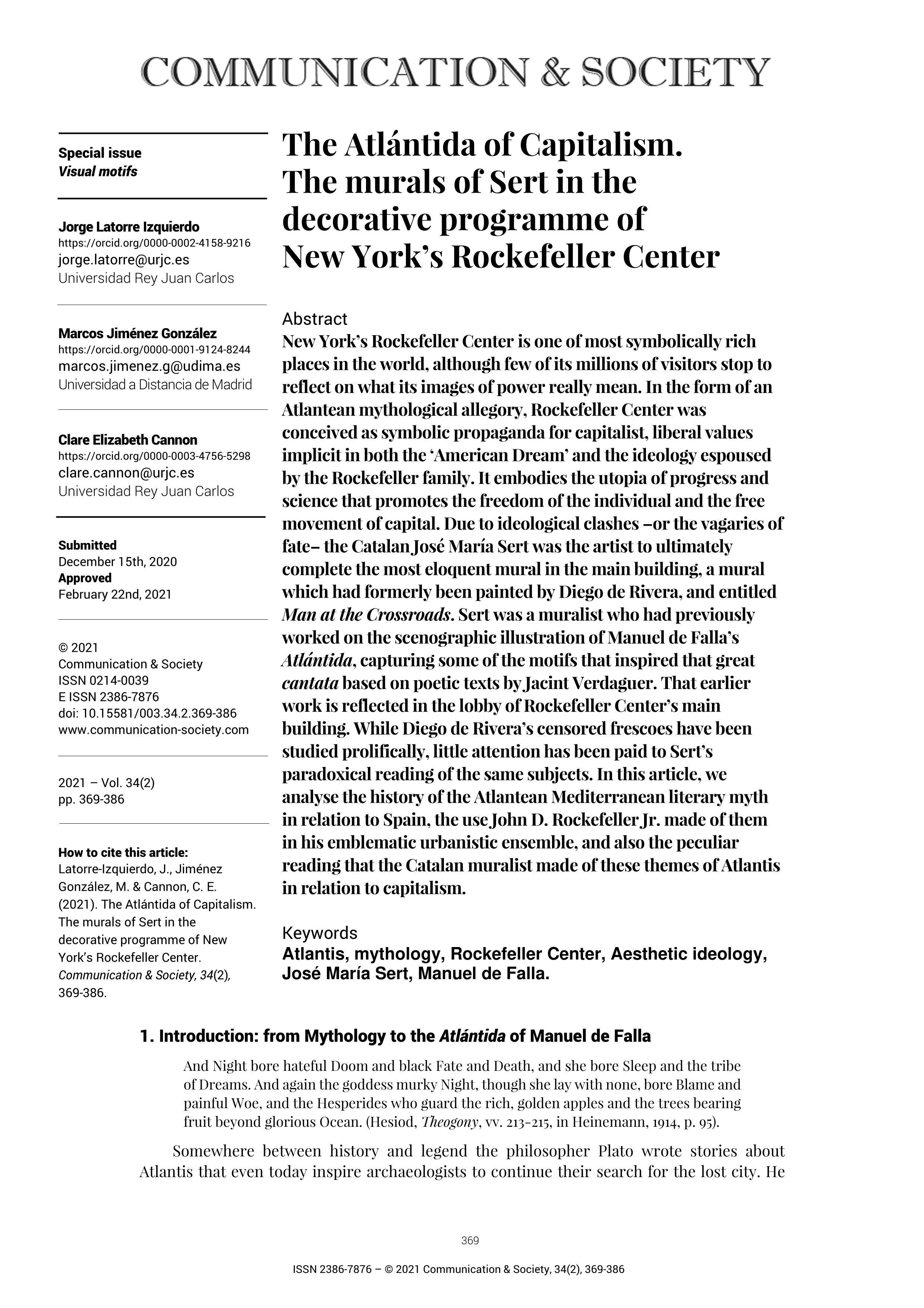 The Atlántida of Capitalism. The murals of Sert in the decorative programme of New York's Rockefeller Center