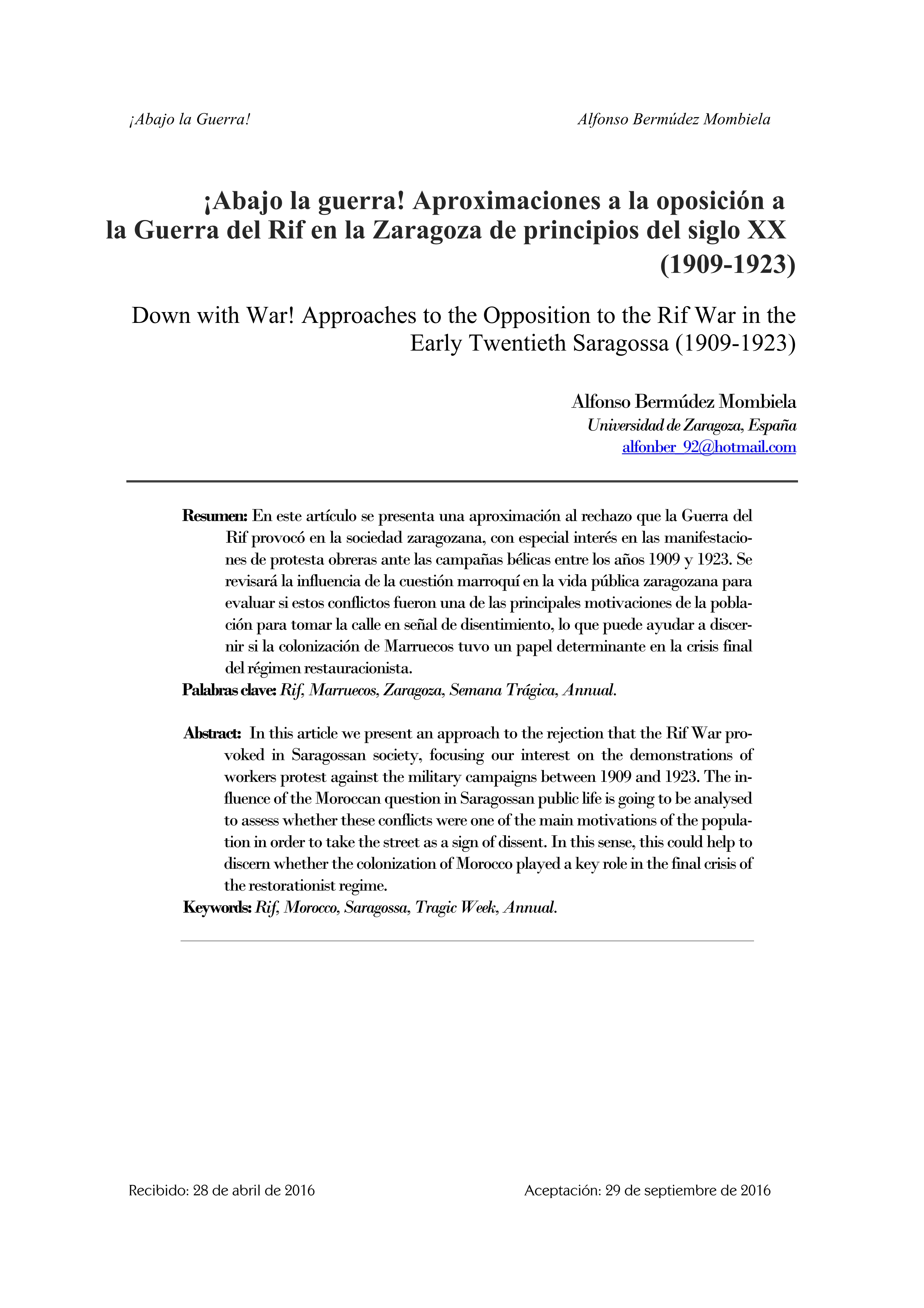 ¡Abajo la guerra! Aproximaciones a la oposición a la Guerra del Rif en la Zaragoza de principios de siglo XX (1909-1923)