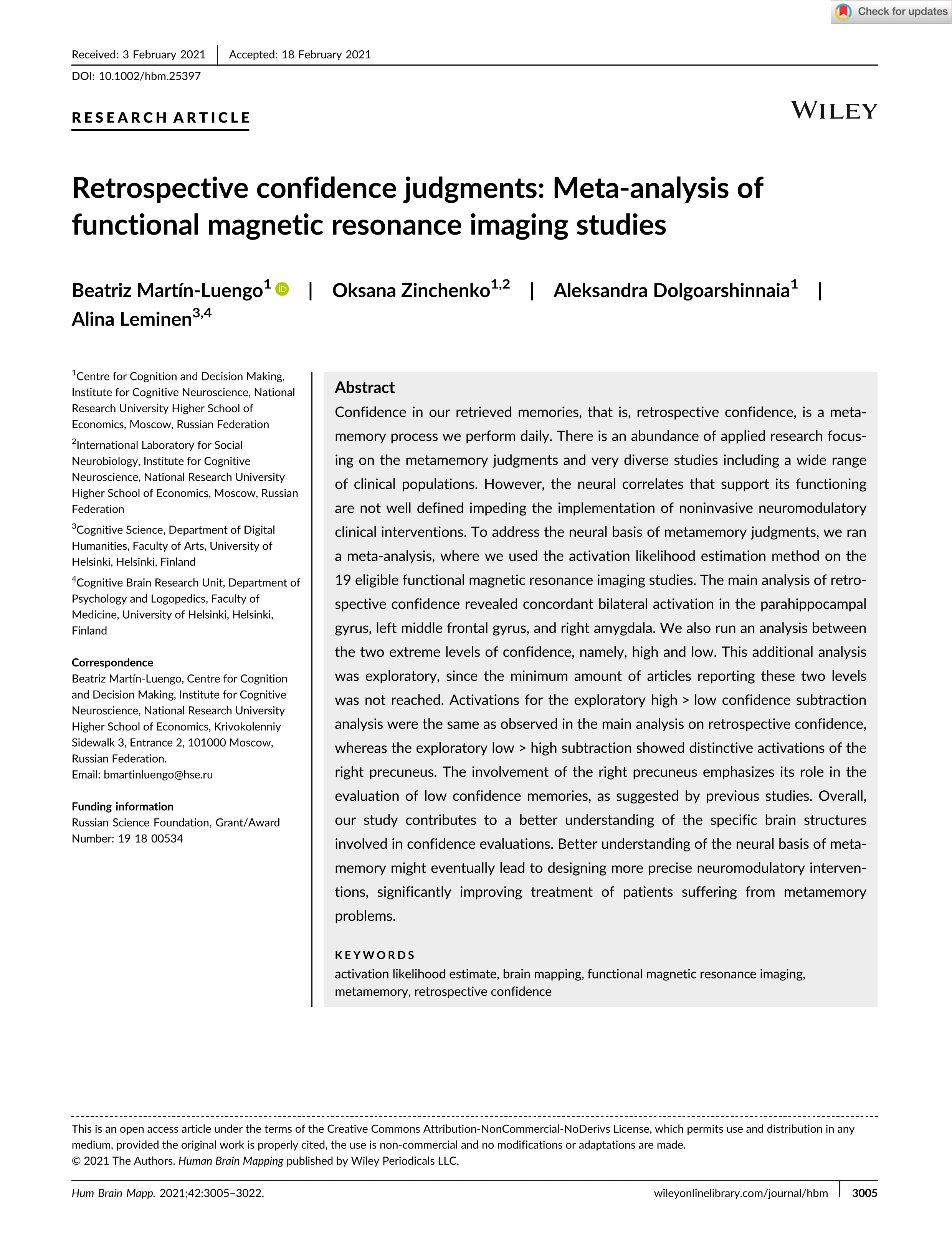 Retrospective confidence judgments: Meta-analysis of functional magnetic resonance imaging studies