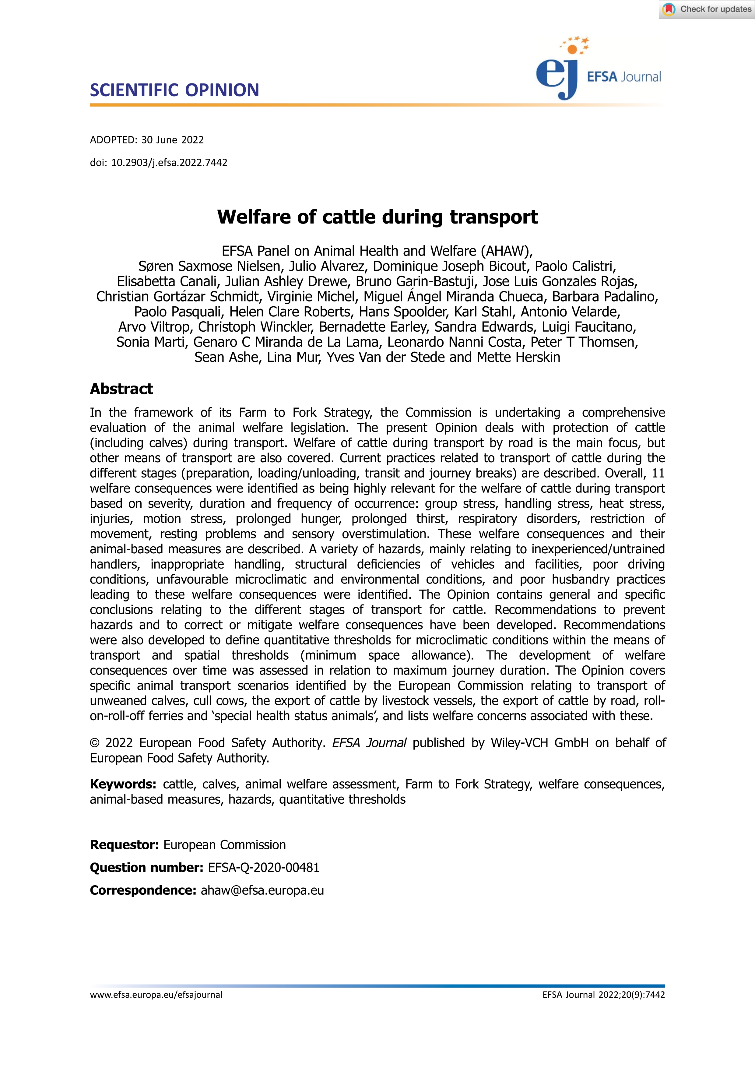 Welfare of cattle during transport