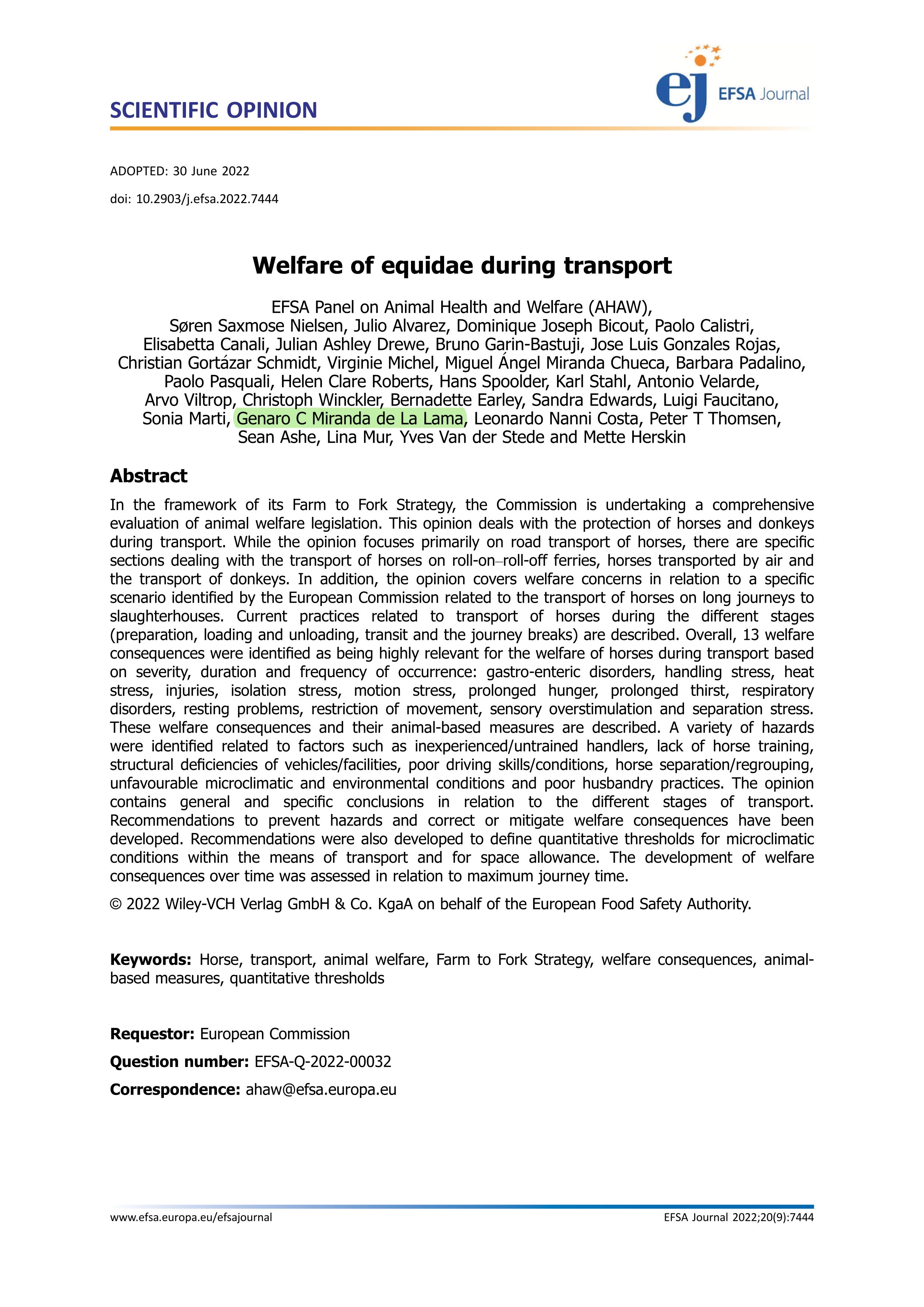 Welfare of equidae during transport