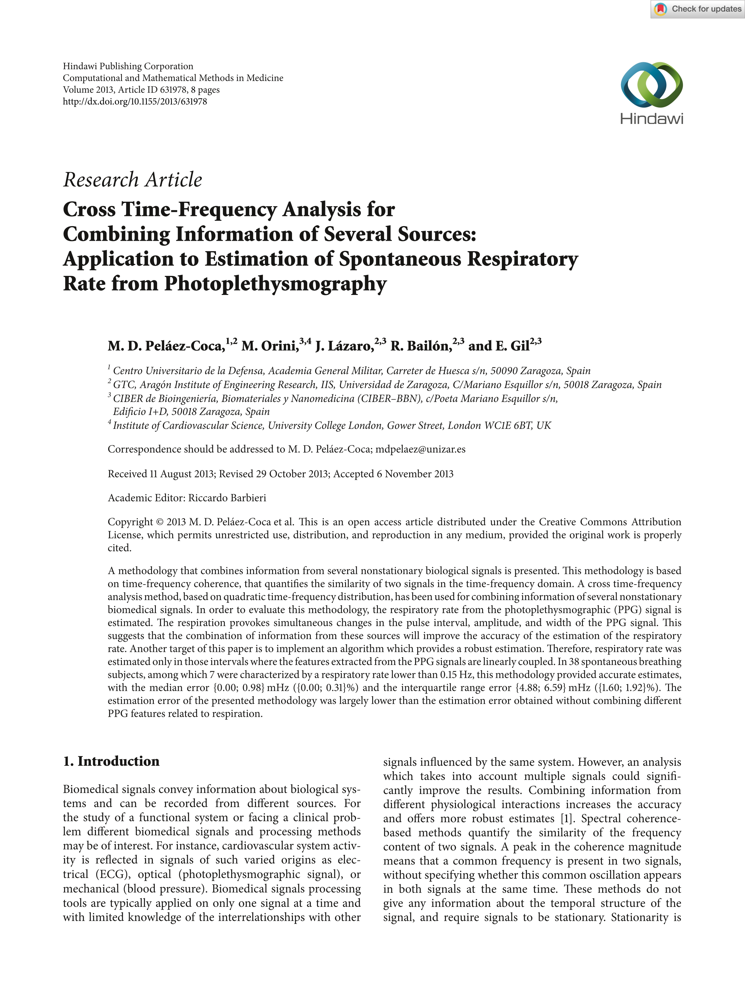 Cross Time-Frequency Analysis for combining information of several sources. Application to estimation of Spontaneous Respiratory Rate from Photoplethysmography