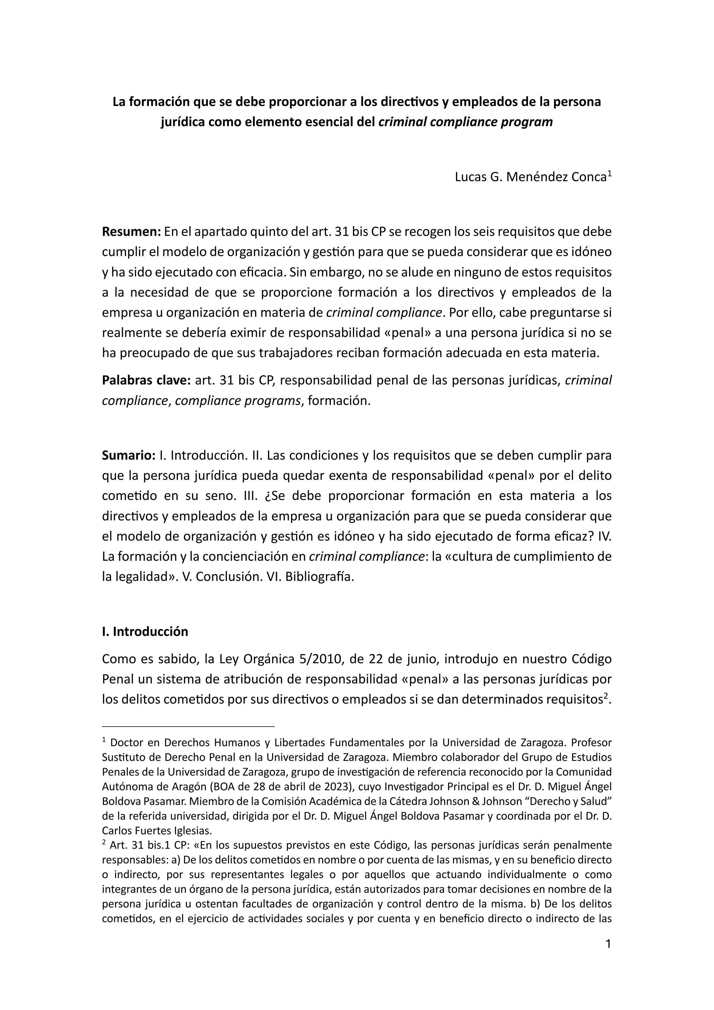 La formación que se debe proporcionar a los directivos y empleados de la persona jurídica como elemento esencial del criminal compliance program