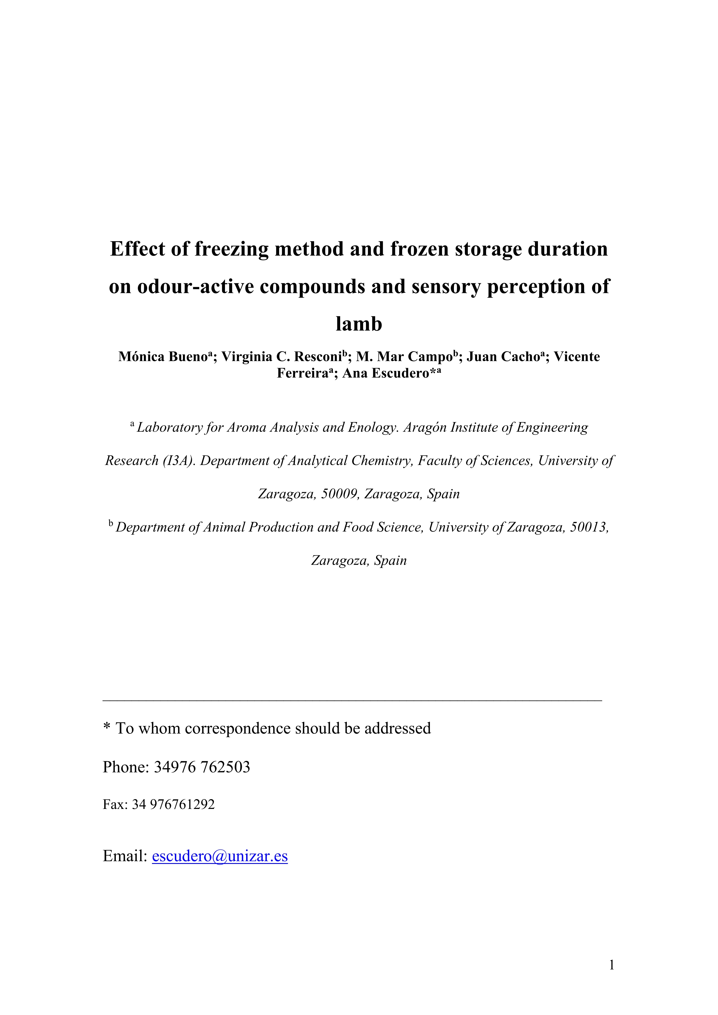 Effect of freezing method and frozen storage duration on odour-active compounds and sensory perception of lamb