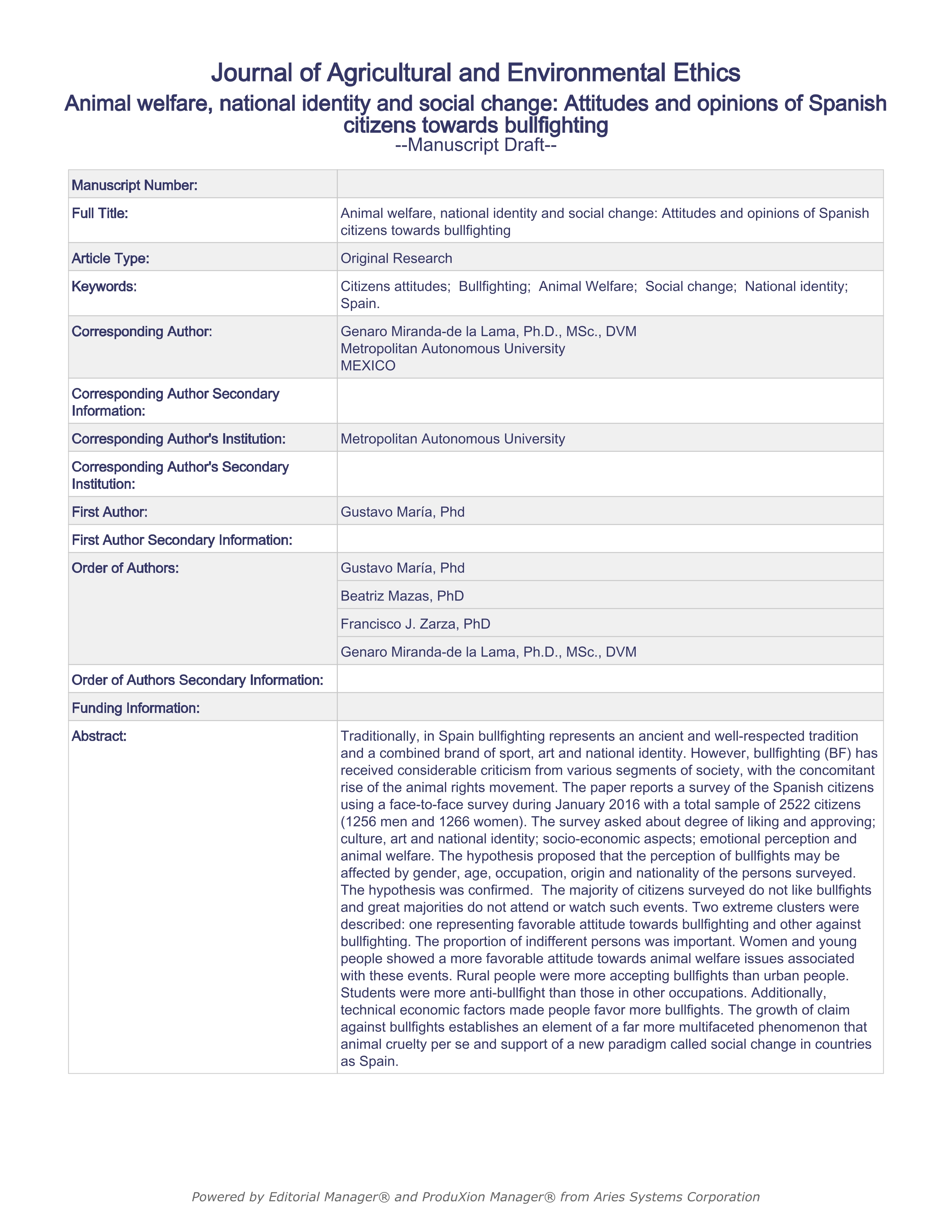 Animal Welfare, National Identity and Social Change: Attitudes and Opinions of Spanish Citizens Towards Bullfighting