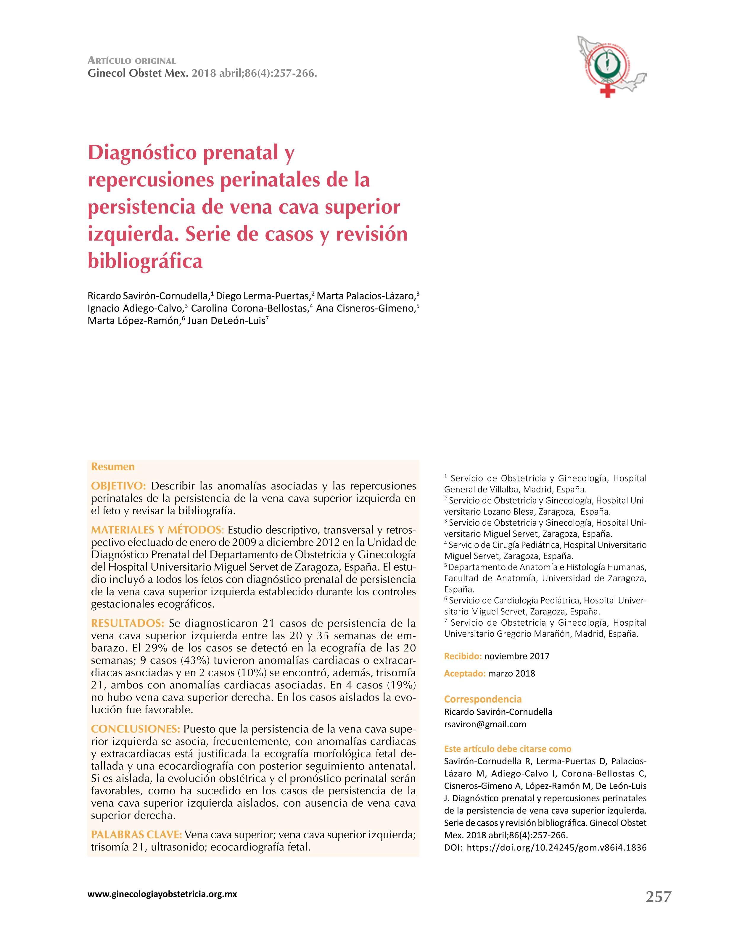 Diagnóstico prenatal y repercusiones perinatales de la persistencia de vena cava superior izquierda. Serie de casos y revisión bibliográfica
