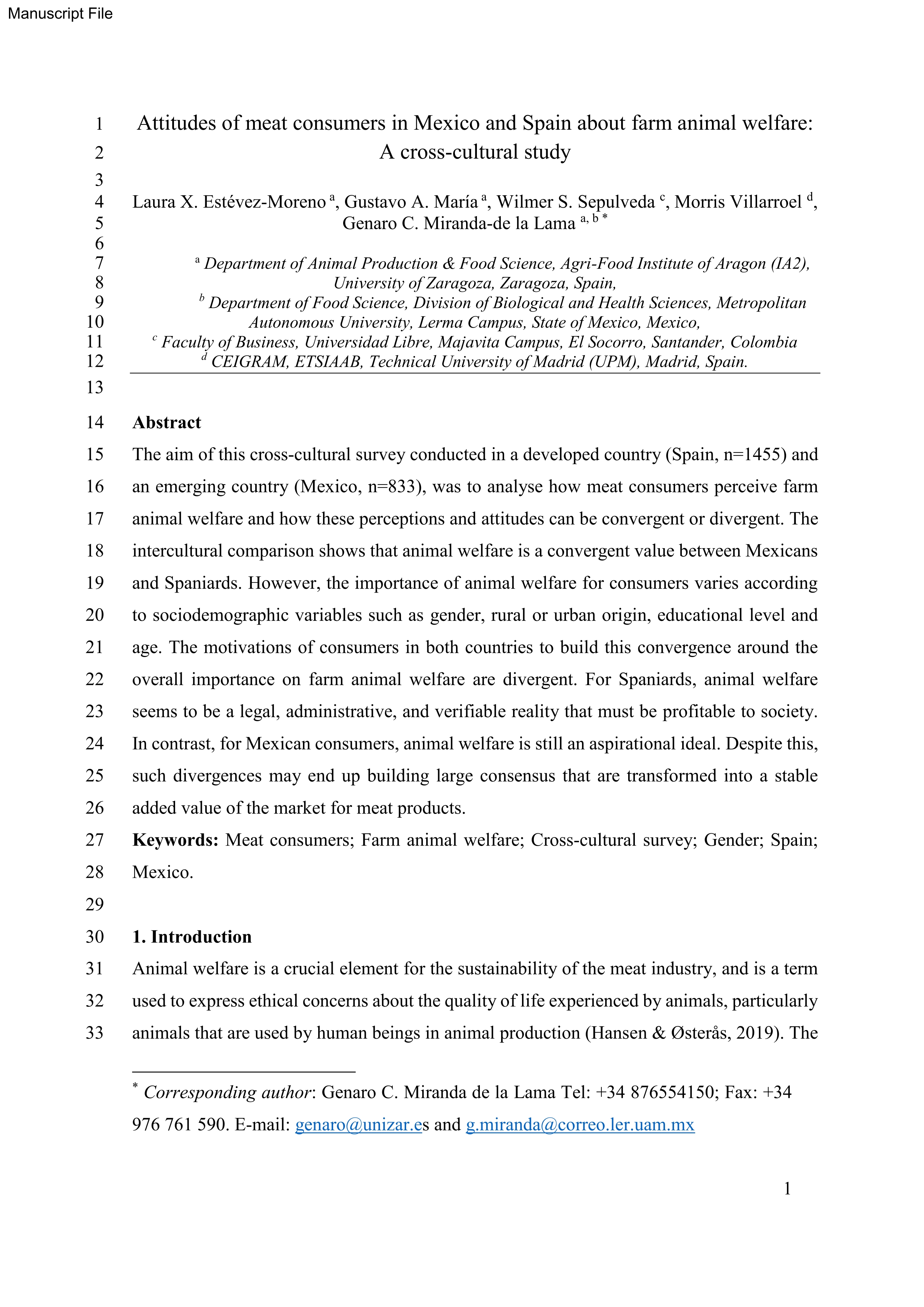 Attitudes of meat consumers in Mexico and Spain about farm animal welfare: A cross-cultural study