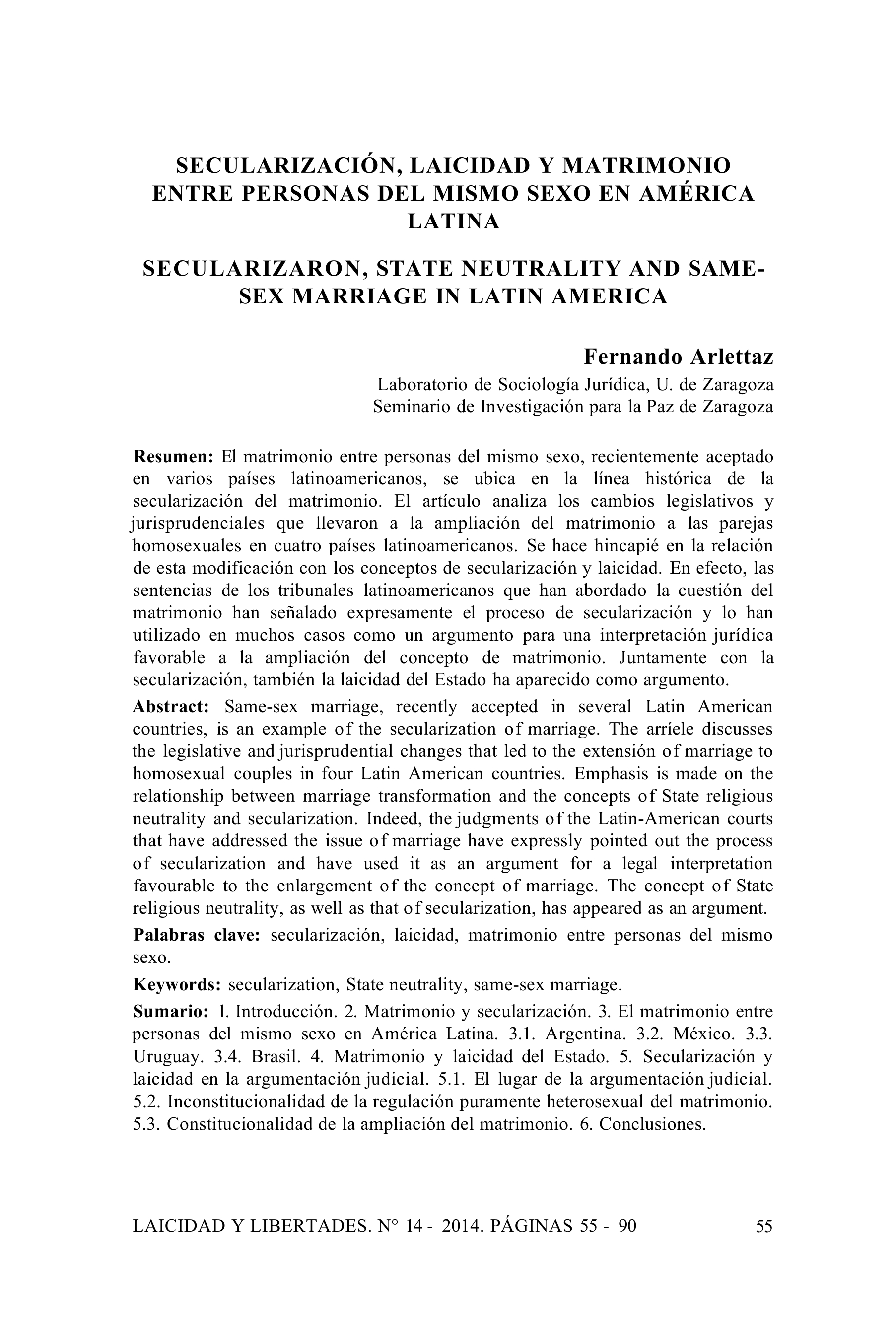Secularización, laicidad y matrimonio entre personas del mismo sexo en América Latina