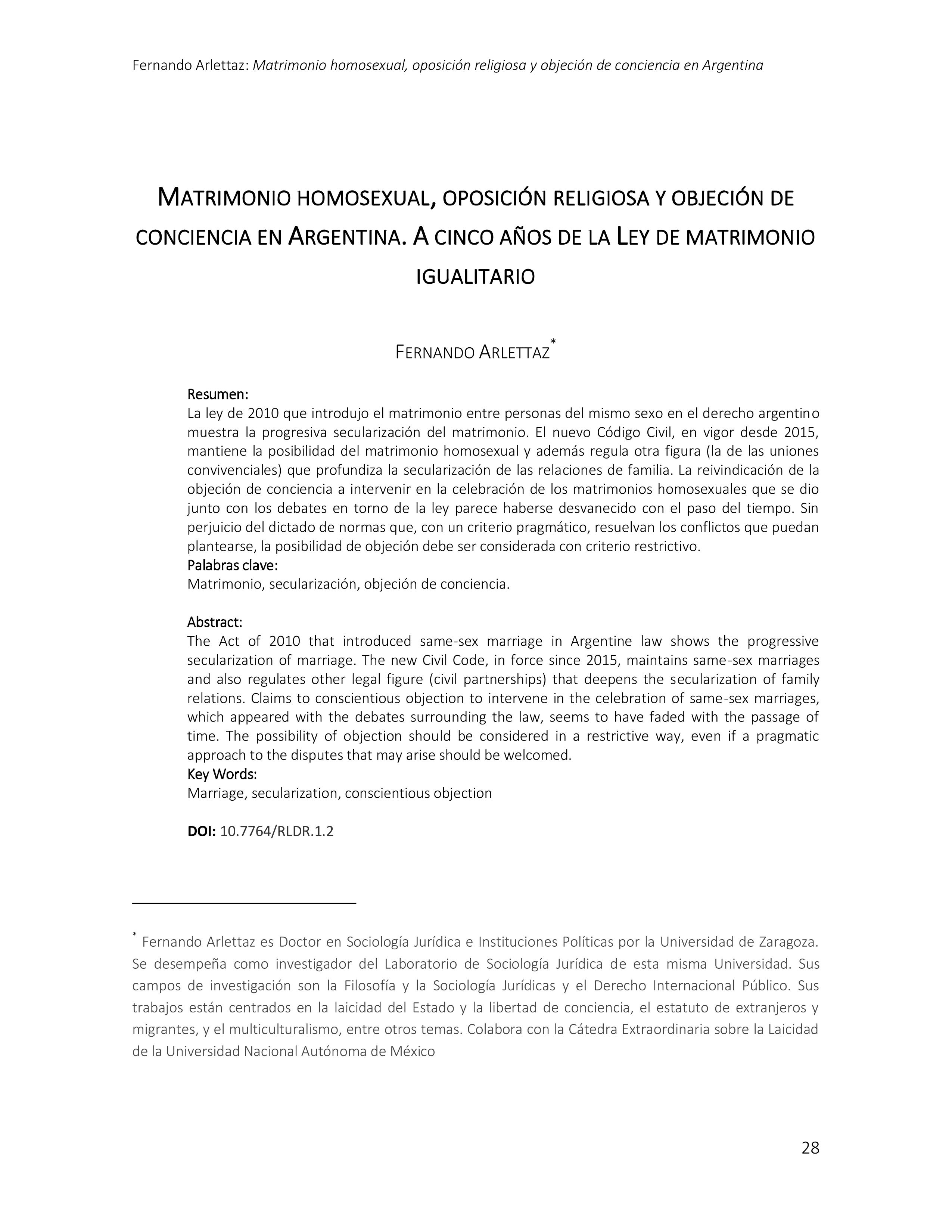 Matrimonio homosexual, oposición religiosa y objeción de conciencia en Argentina. A cinco años de la ley de matrimonio igualitario