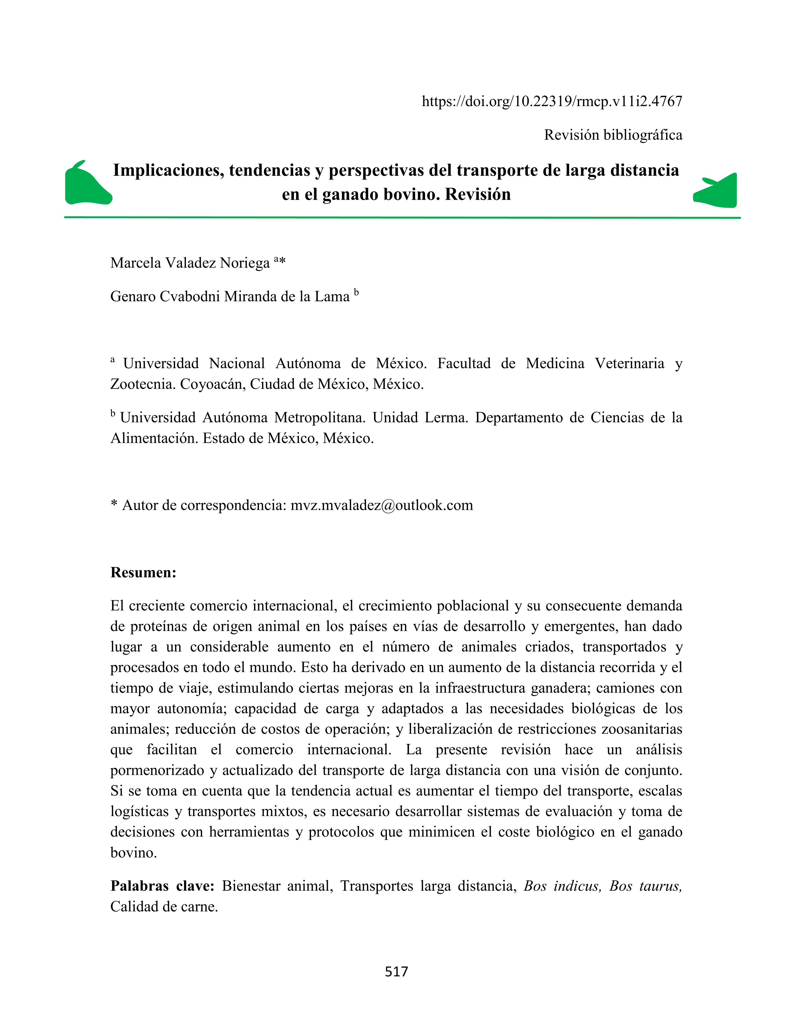 Implicaciones, tendencias y perspectivas del transporte de larga distancia en el ganado bovino. Revisión