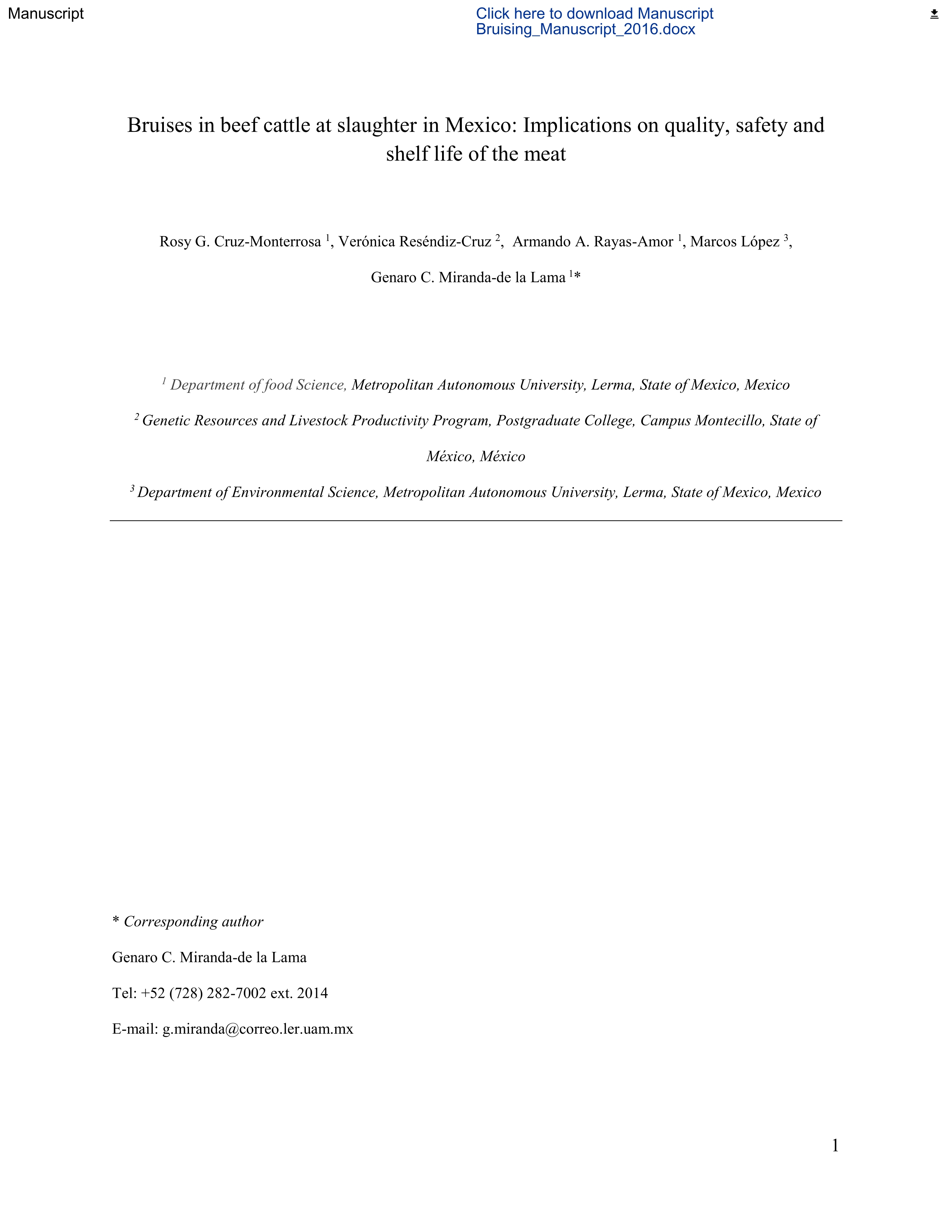 Bruises in beef cattle at slaughter in Mexico: implications on quality, safety and shelf life of the meat