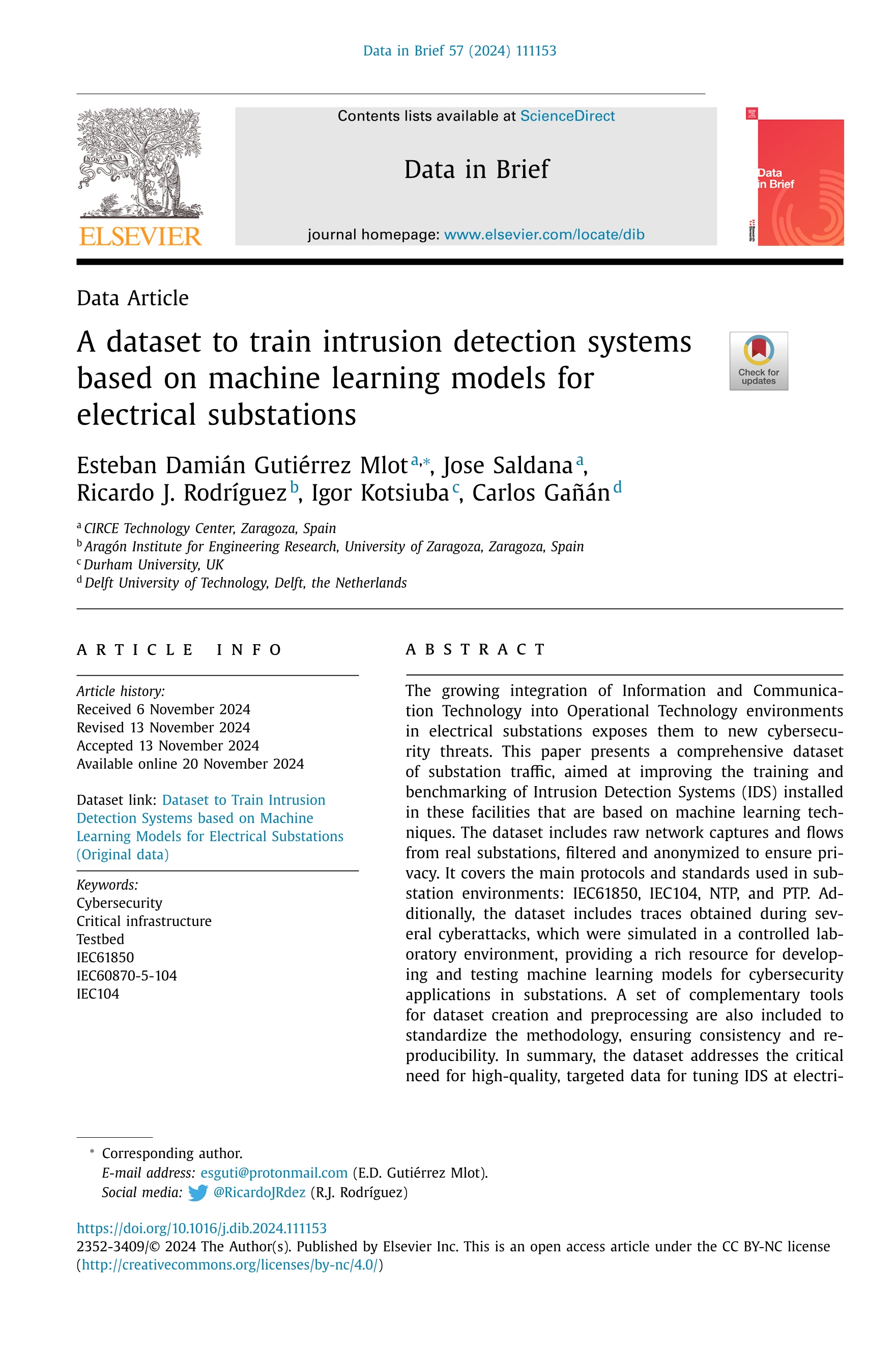 A dataset to train intrusion detection systems based on machine learning models for electrical substations