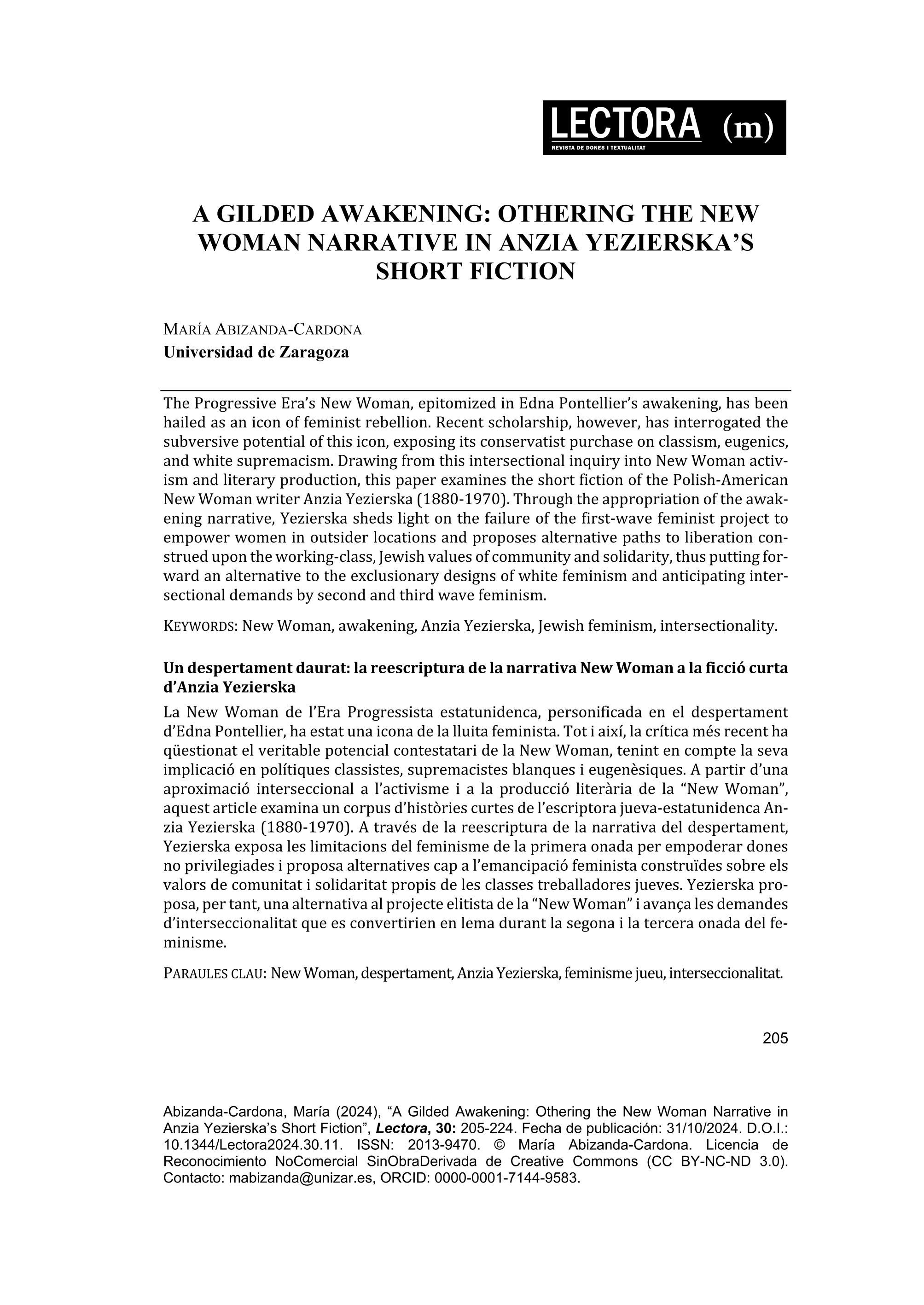 A gilded awakening: othering the new woman narrative in anzia yezierska’s short fiction