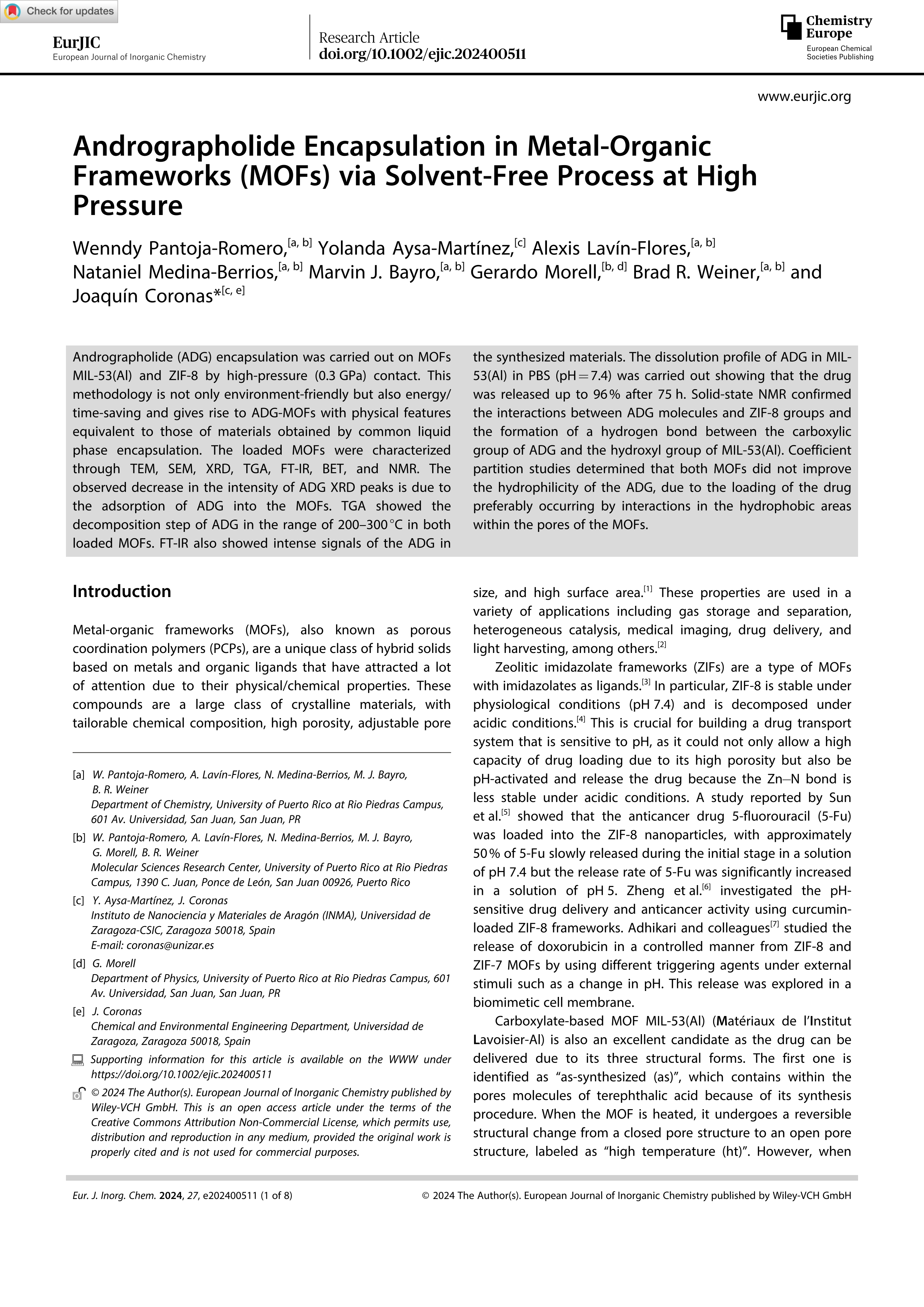 Andrographolide Encapsulation in Metal-Organic Frameworks (MOFs) via Solvent-Free Process at High Pressure