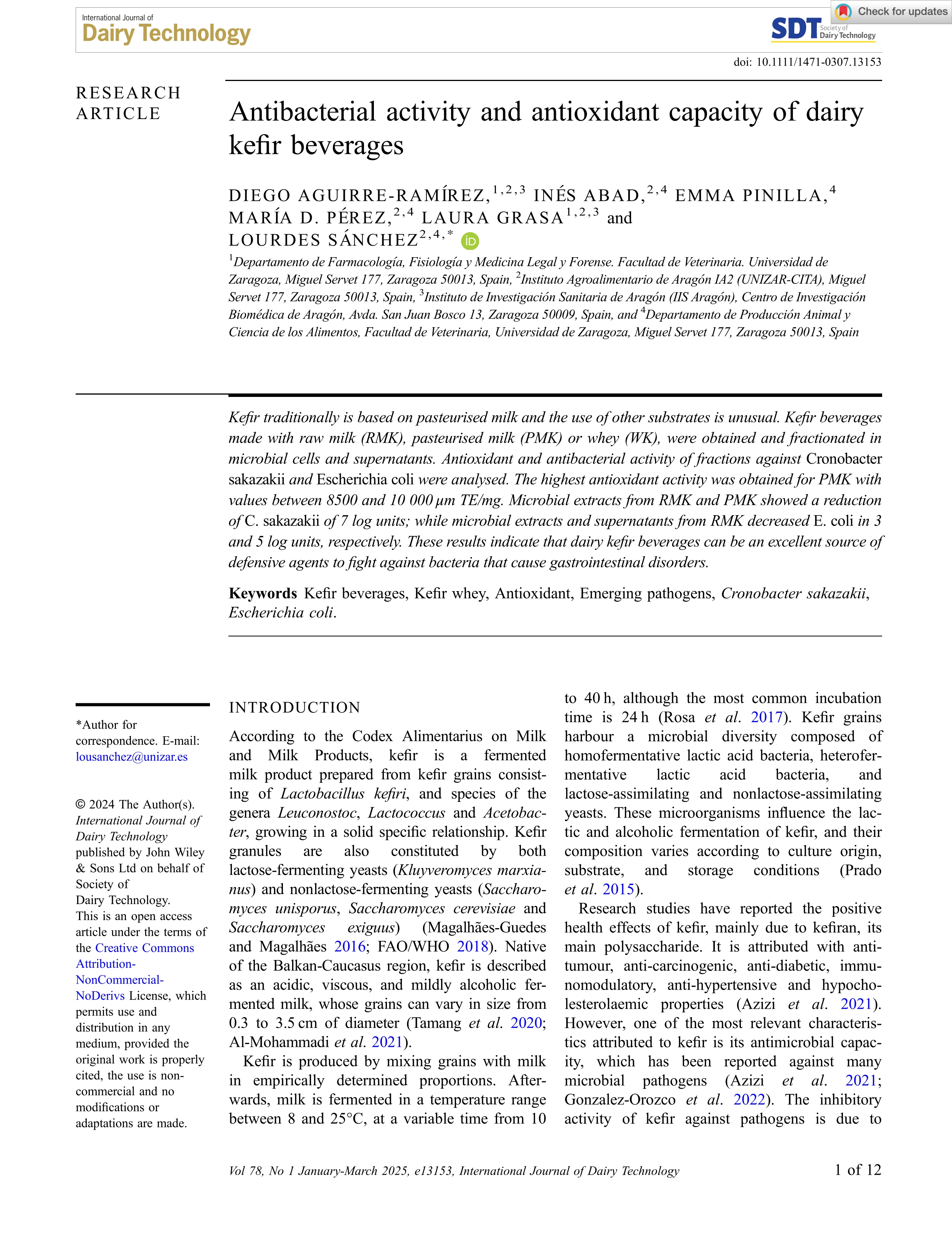 Antibacterial activity and antioxidant capacity of dairy kefir beverages