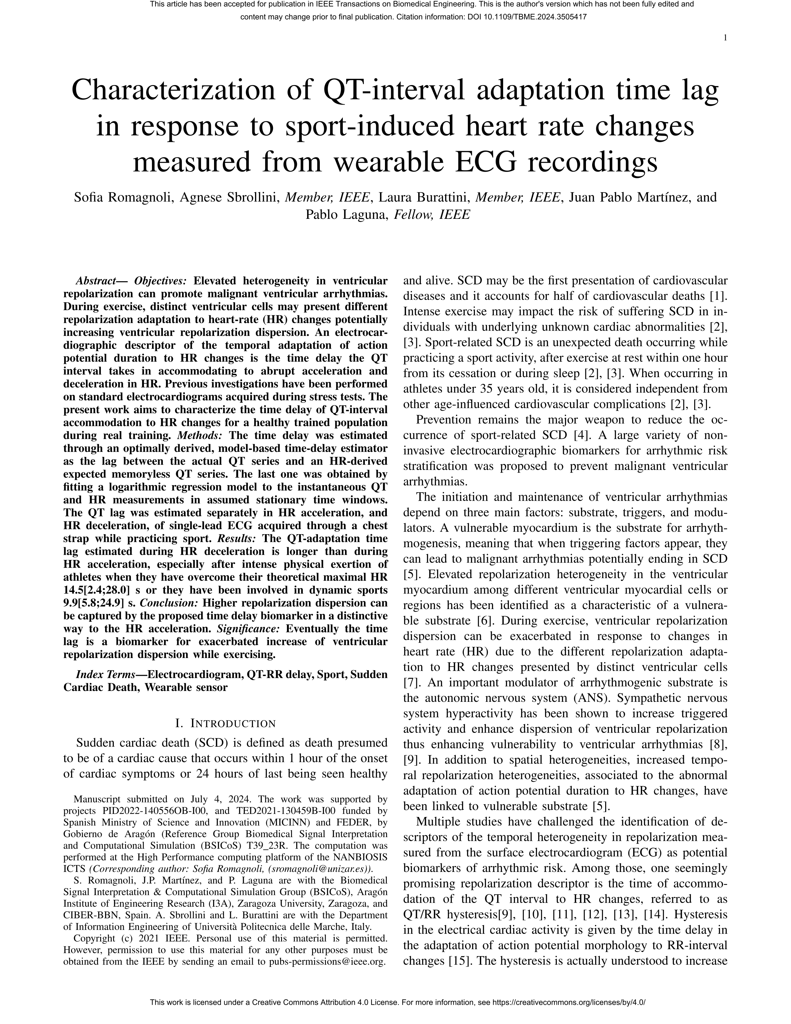 Characterization of QT-interval adaptation time lag in response to sport-induced heart rate changes measured from wearable ECG recordings