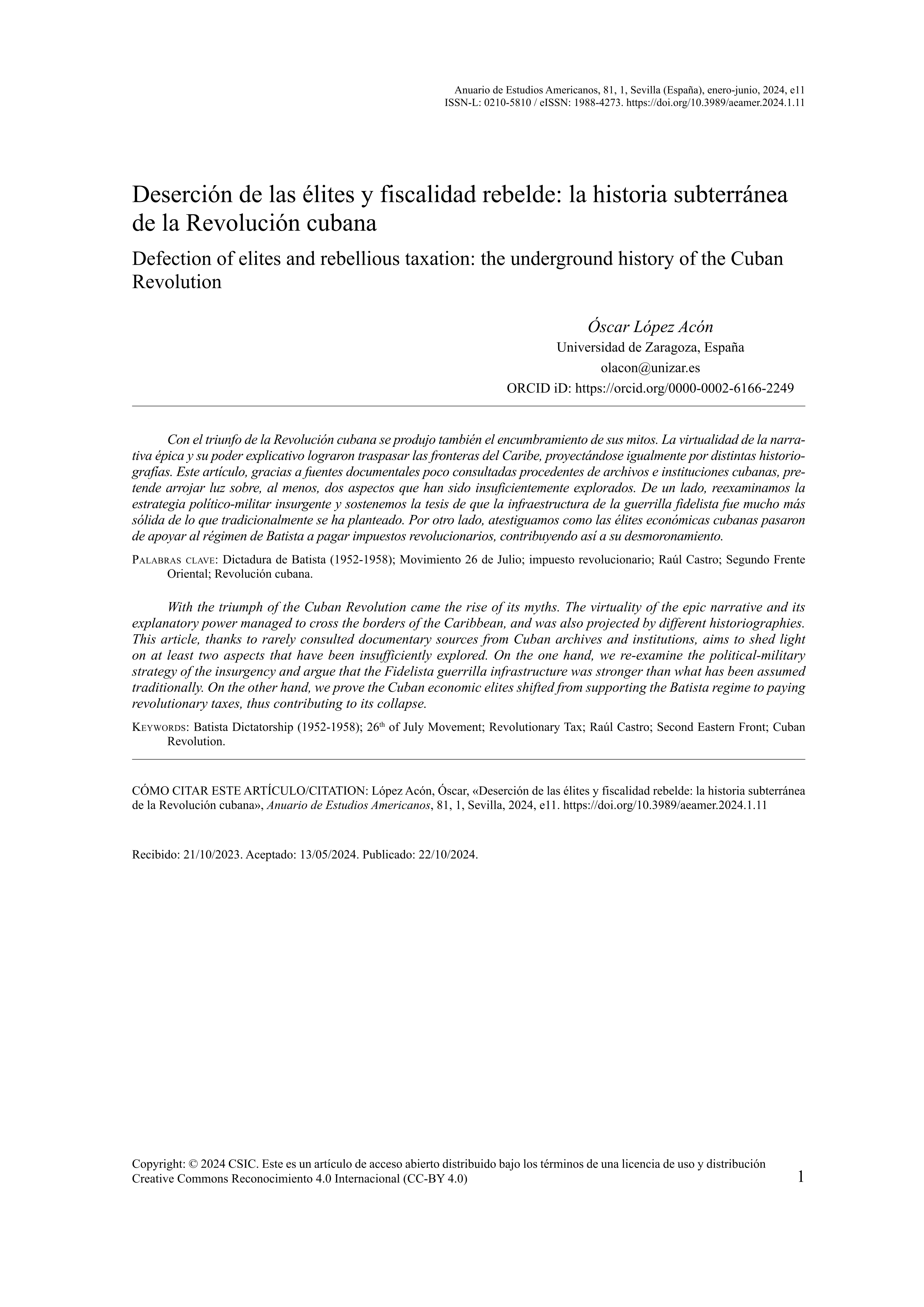 Deserción de las élites y fiscalidad rebelde: la historia subterránea de la Revolución cubana