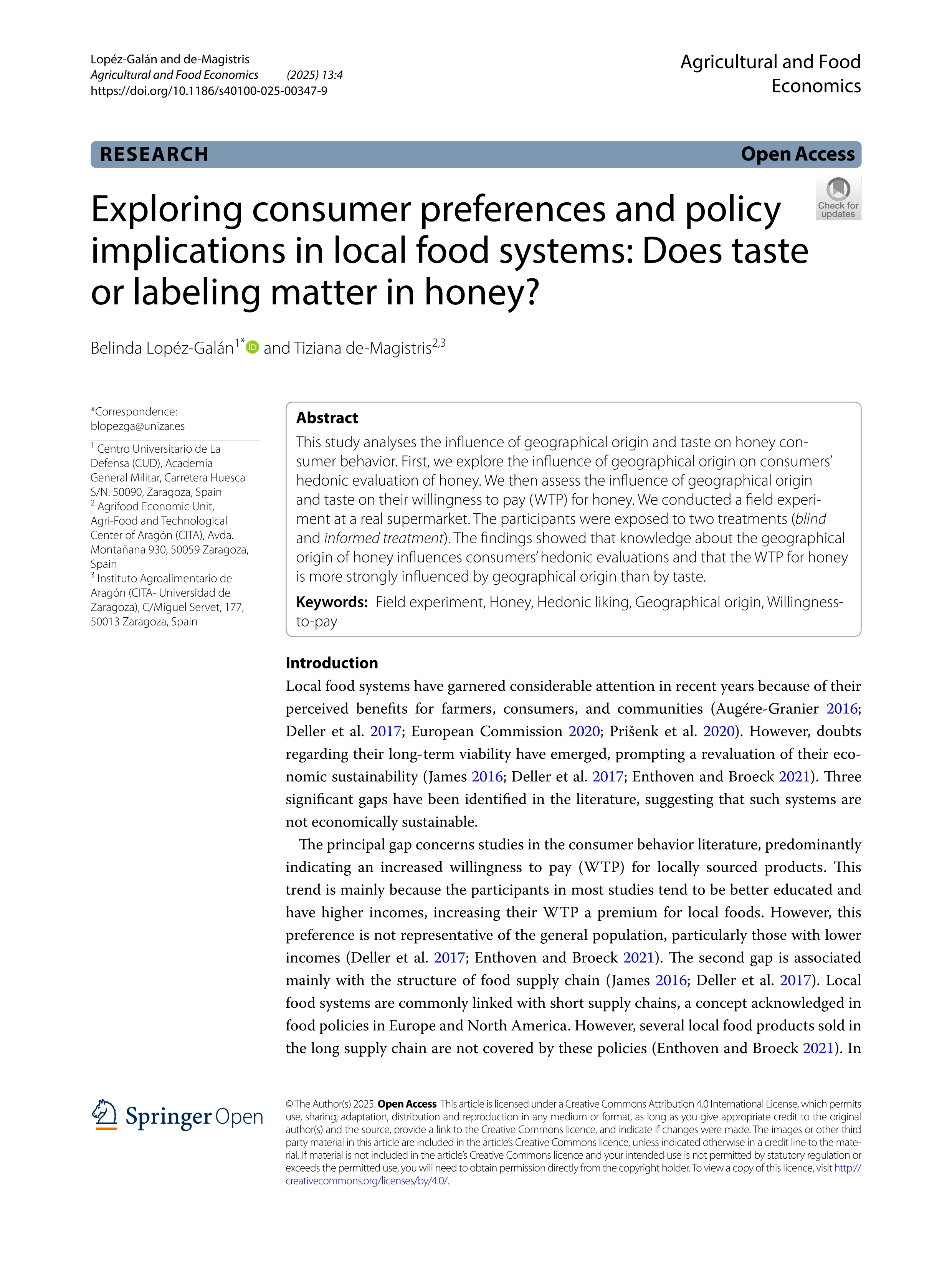 Exploring consumer preferences and policy implications in local food systems: Does taste or labeling matter in honey?