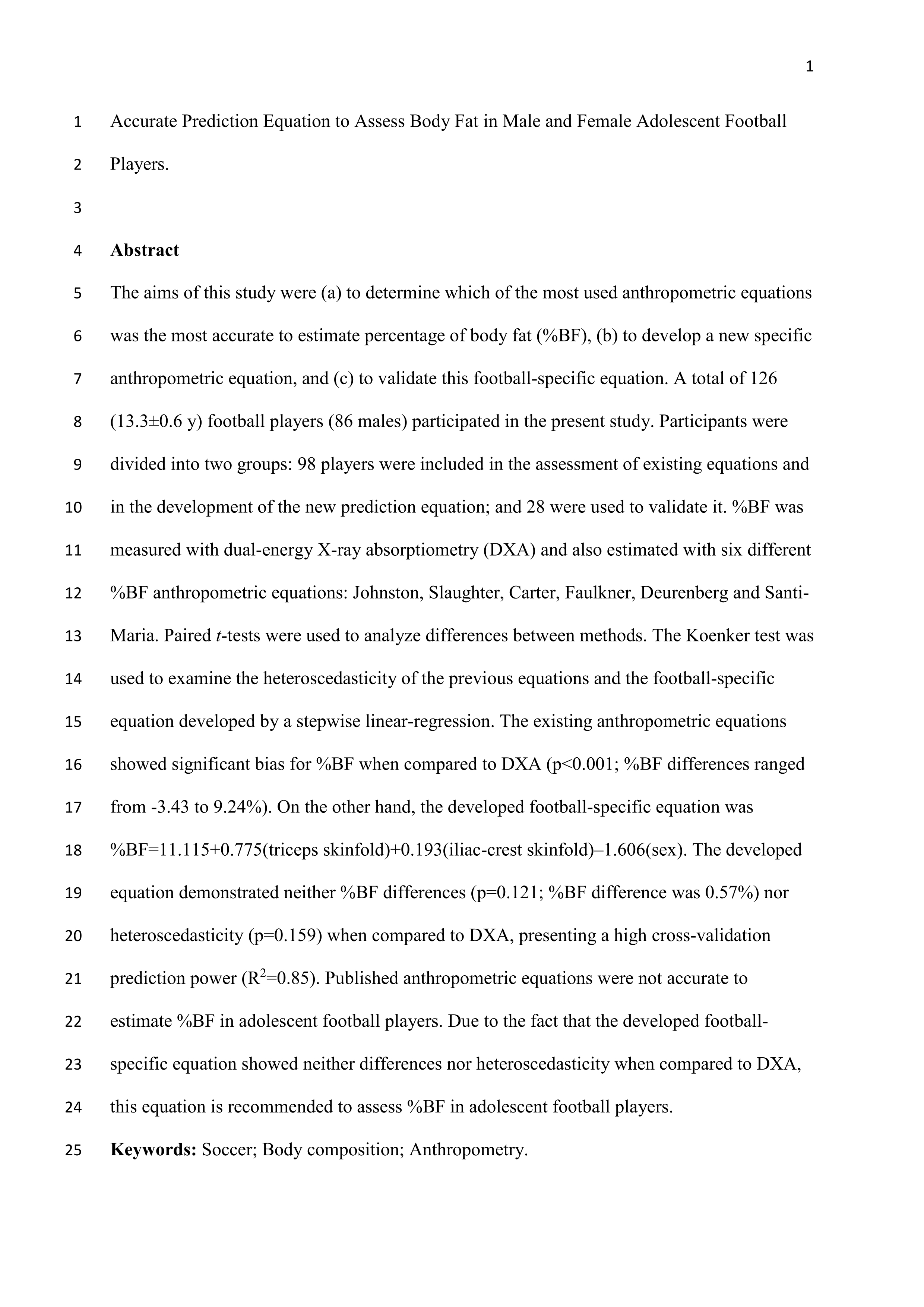 Accurate Prediction Equation to Assess Body Fat in Male and Female Adolescent Football Players