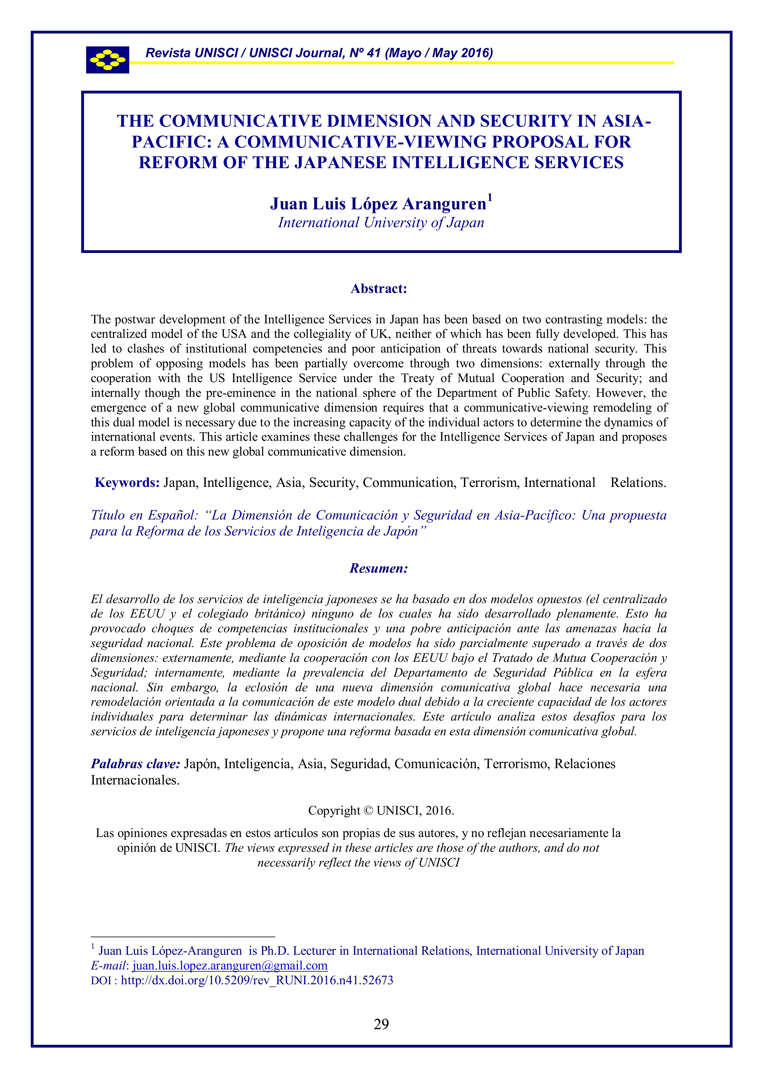 The Communicative Dimension and Security in Asia-Pacific: A communicative-viewing proposal for reform of the Japanese Intelligence Services
