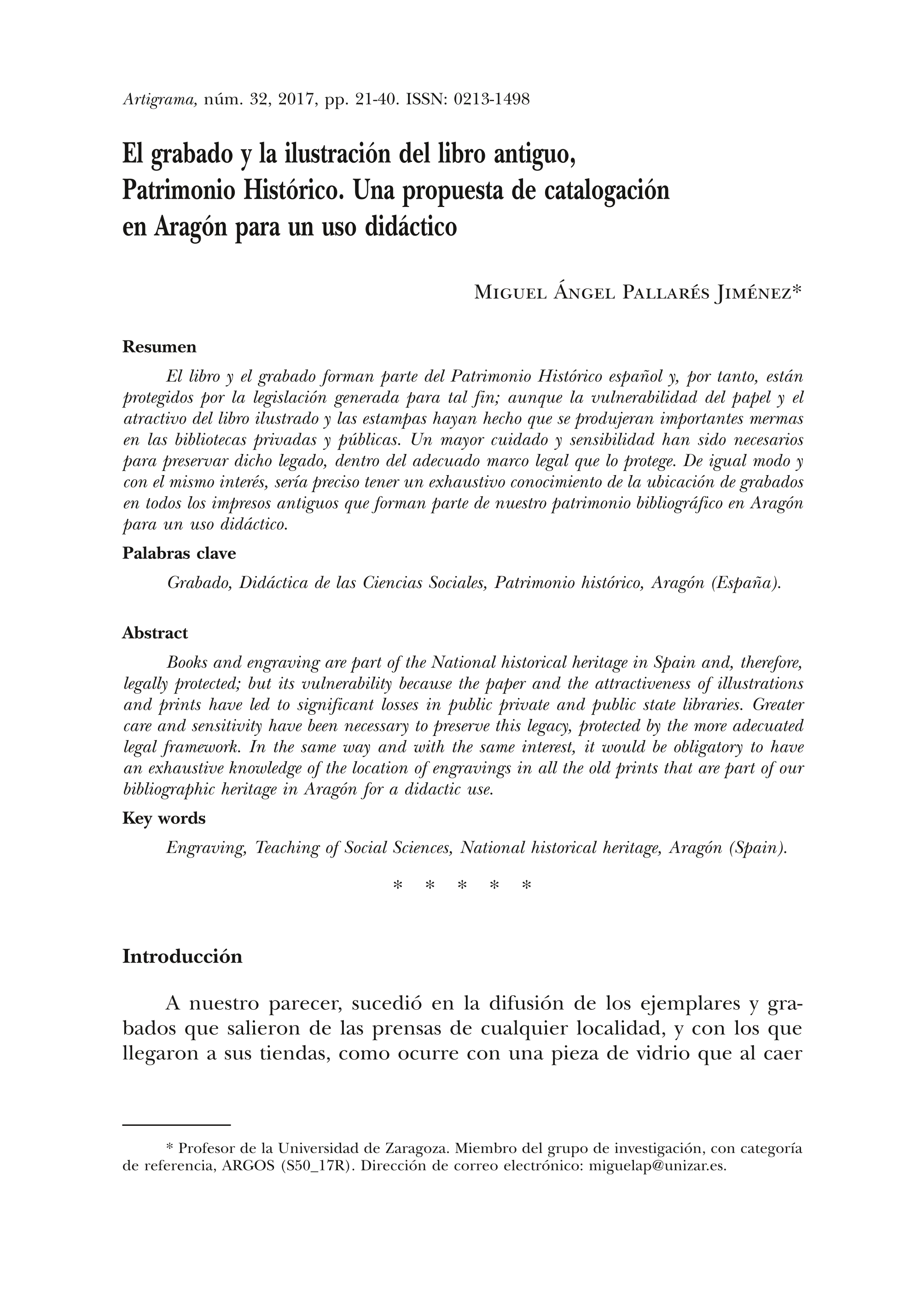 El grabado y la ilustración del libro antiguo, Patrimonio Histórico. Una propuesta de catalogación en Aragón para un uso didáctico