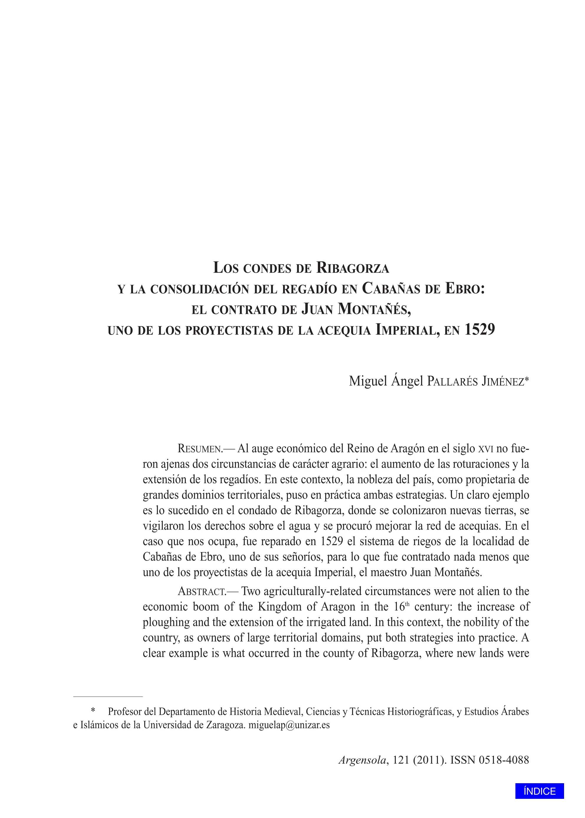 Los condes de Ribagorza y la consolidación del regadío en Cabañas de Ebro: el contrato de Juan Montañés, uno de los proyectistas de la acequia Imperial, en 1529