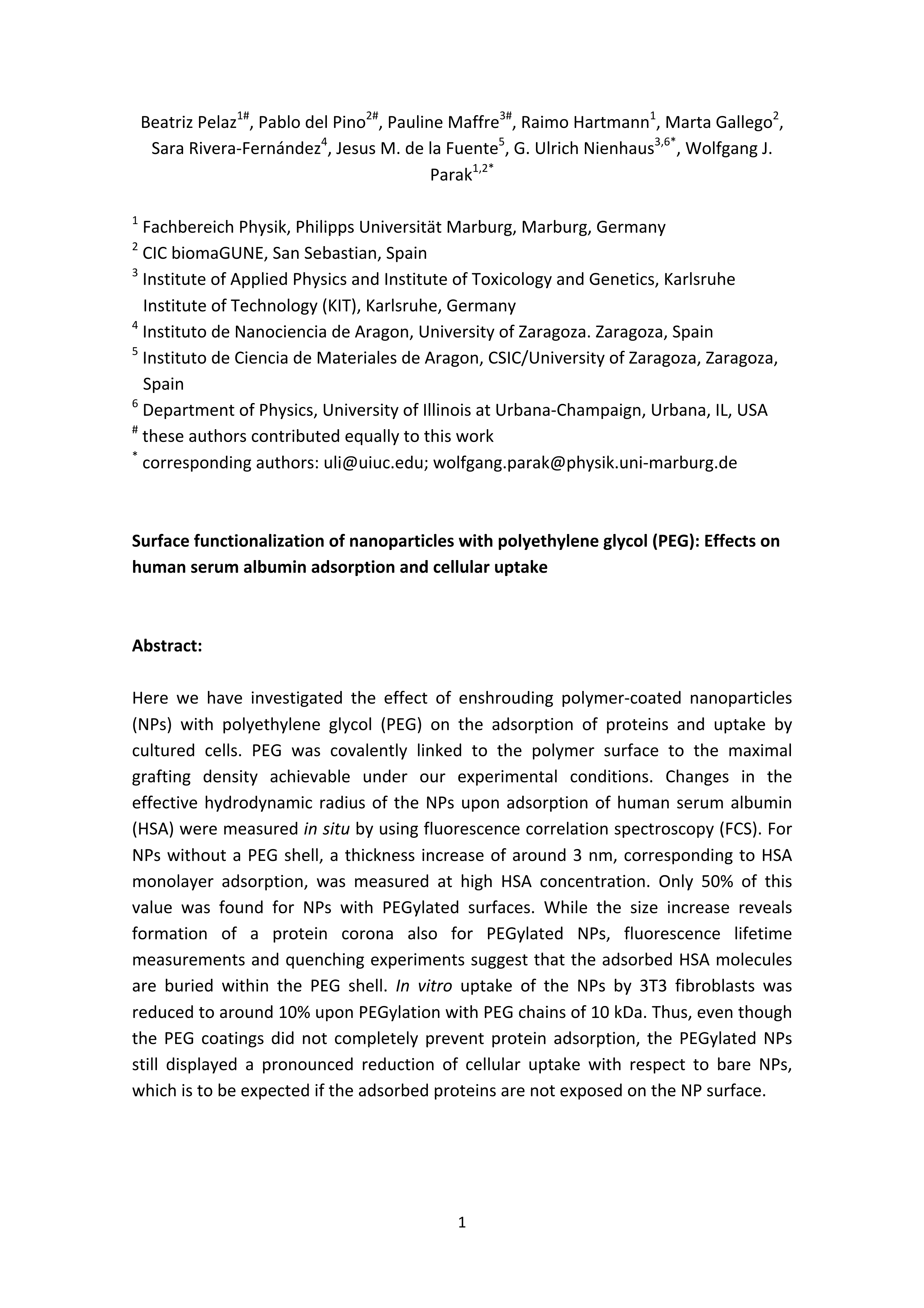 Surface Functionalization of Nanoparticles with Polyethylene Glycol: Effects on Protein Adsorption and Cellular Uptake