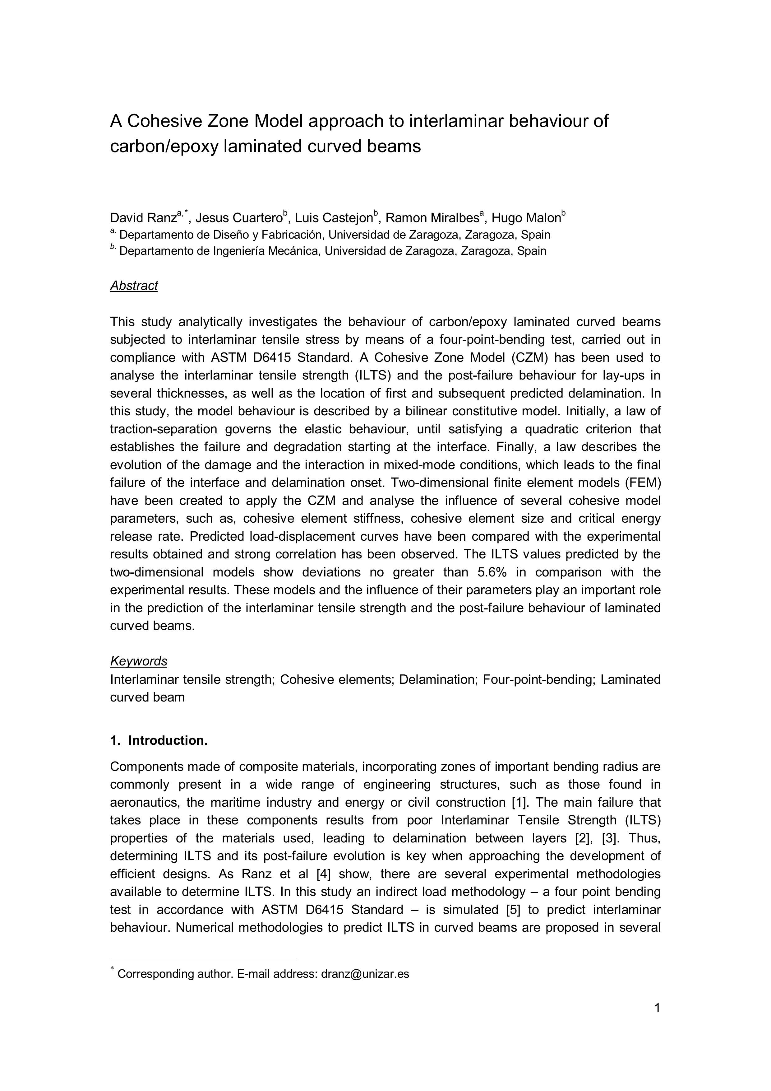 A cohesive zone model approach to interlaminar behaviour of carbon/epoxy laminated curved beams