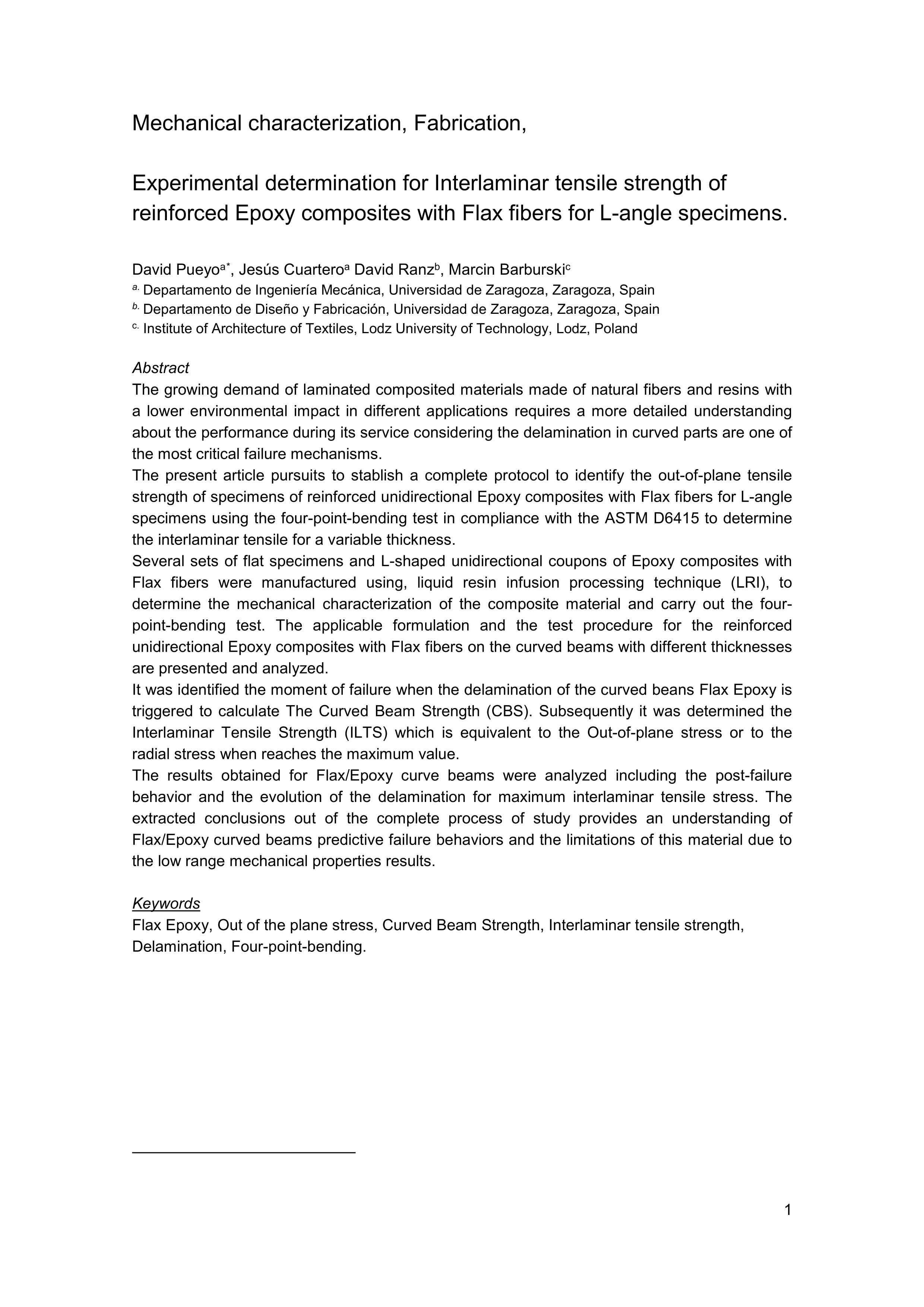 Experimental determination for interlaminar tensile strength of reinforced epoxy composites with flax fibers for L-angle specimens