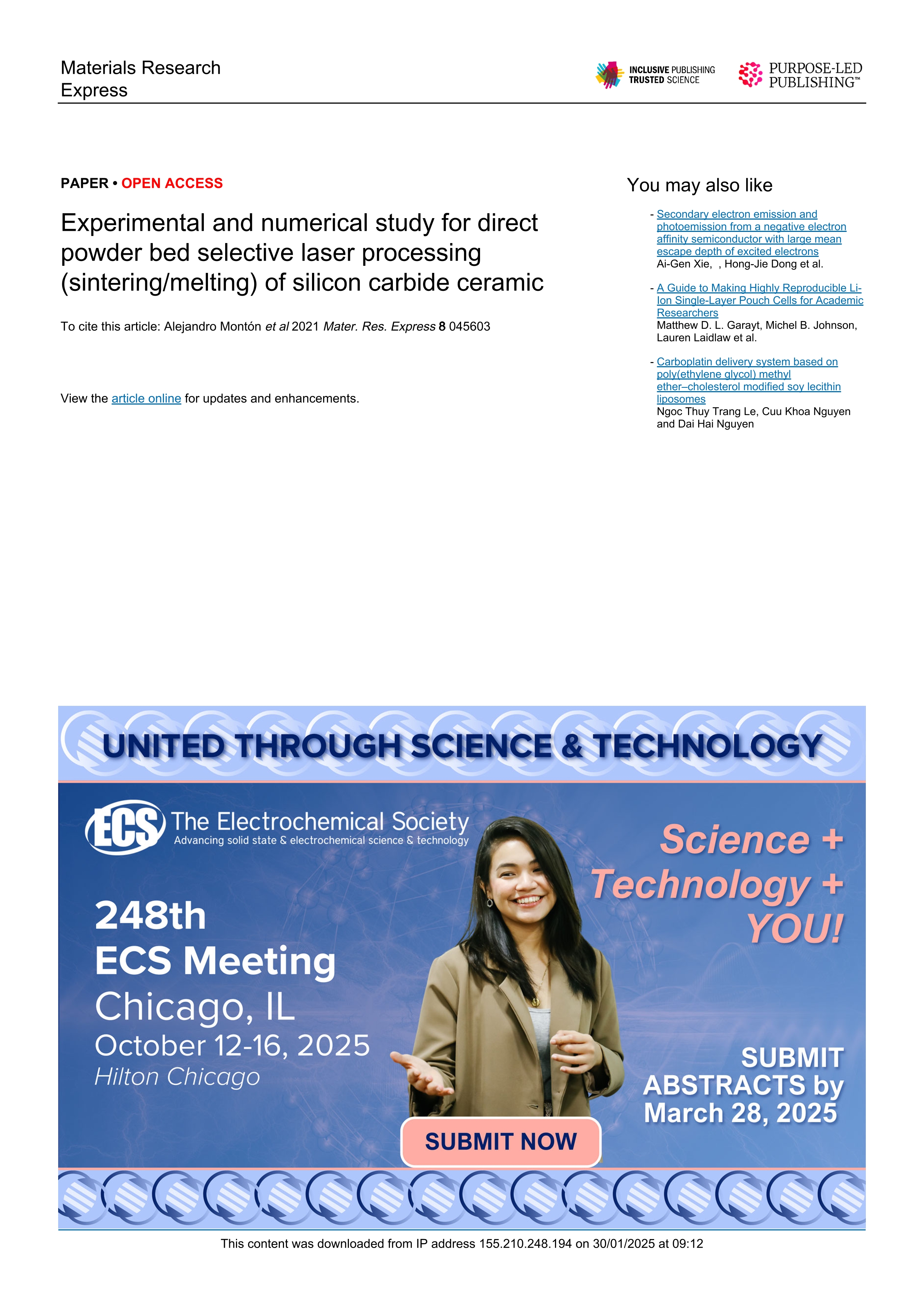 Experimental and numerical study for direct powder bed selective laser processing (sintering/melting) of silicon carbide ceramic