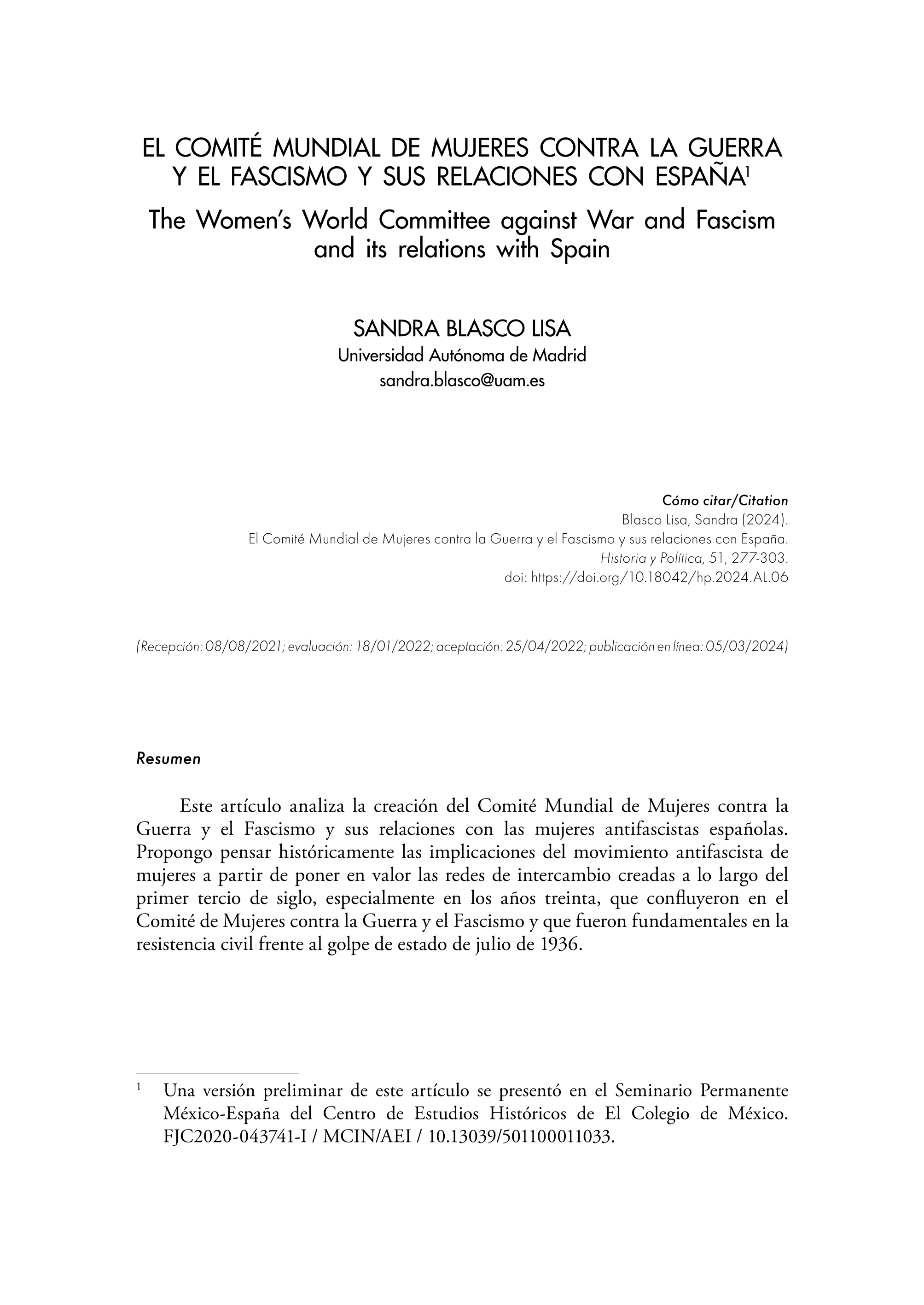 El Comité Mundial de Mujeres contra la Guerra y el Fascismo y sus relaciones con España