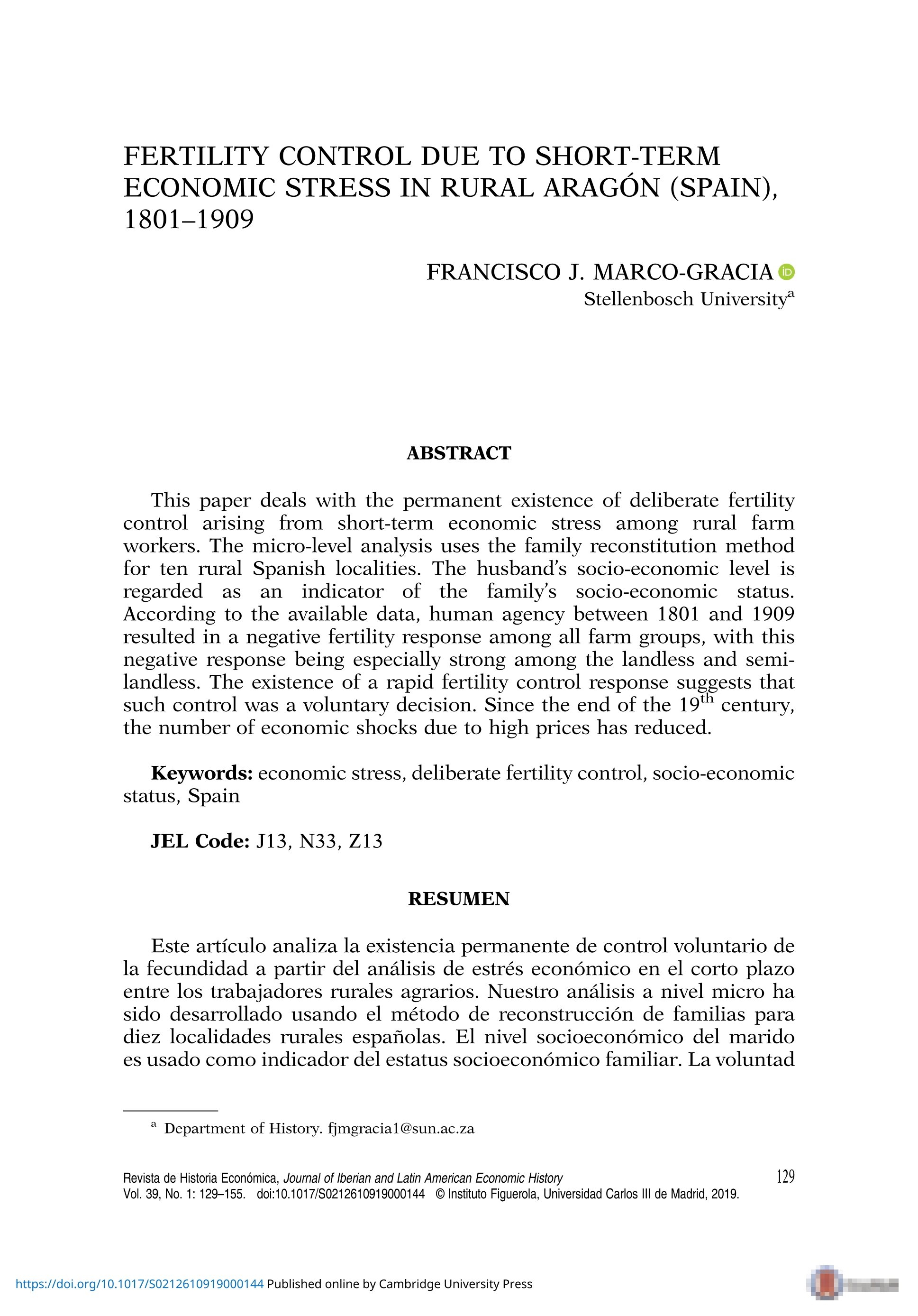 FERTILITY CONTROL DUE TO SHORT-TERM ECONOMIC STRESS IN RURAL ARAGÓN (SPAIN), 1801–1909