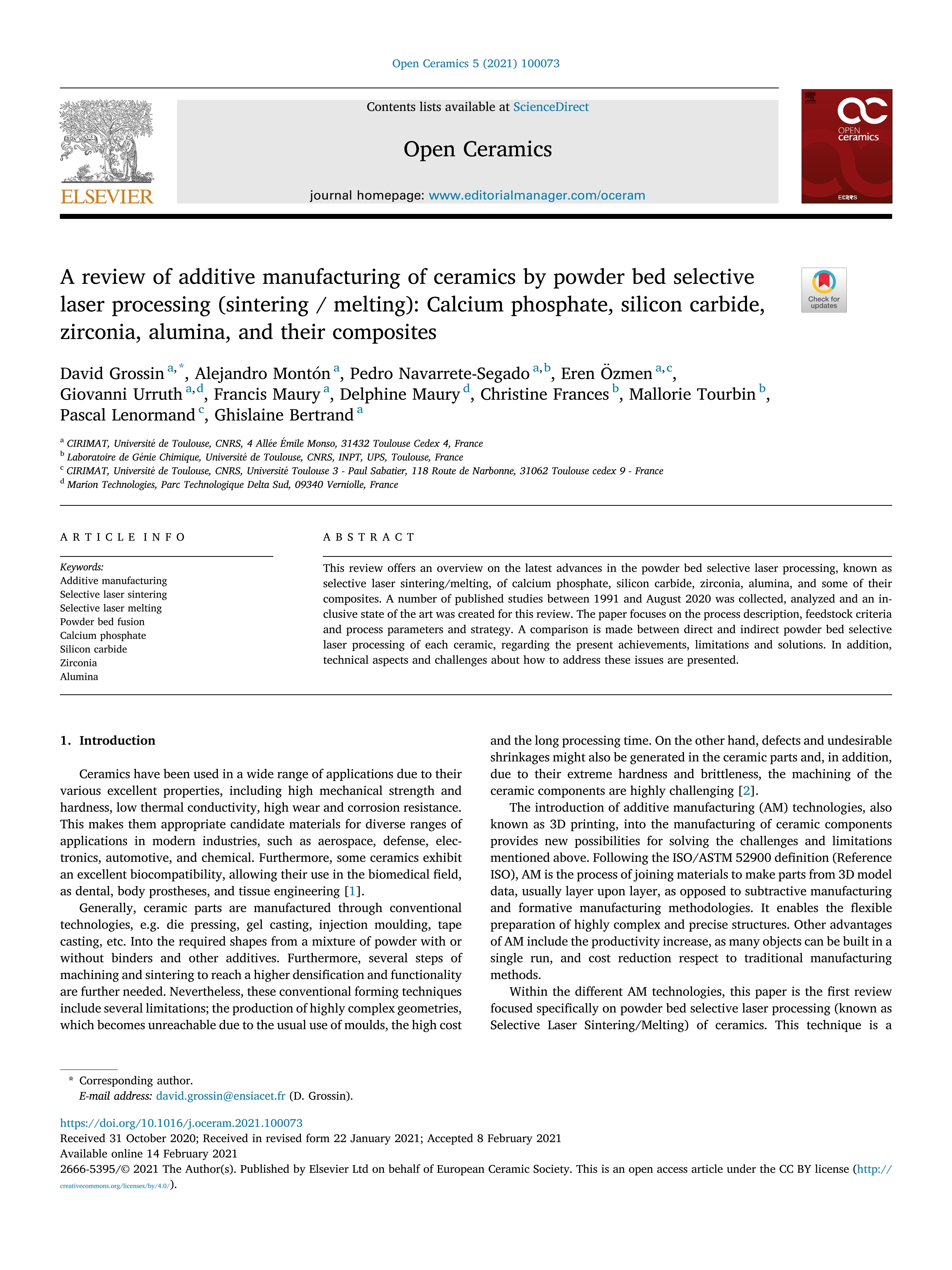 A review of additive manufacturing of ceramics by powder bed selective laser processing (sintering / melting): Calcium phosphate, silicon carbide, zirconia, alumina, and their composites