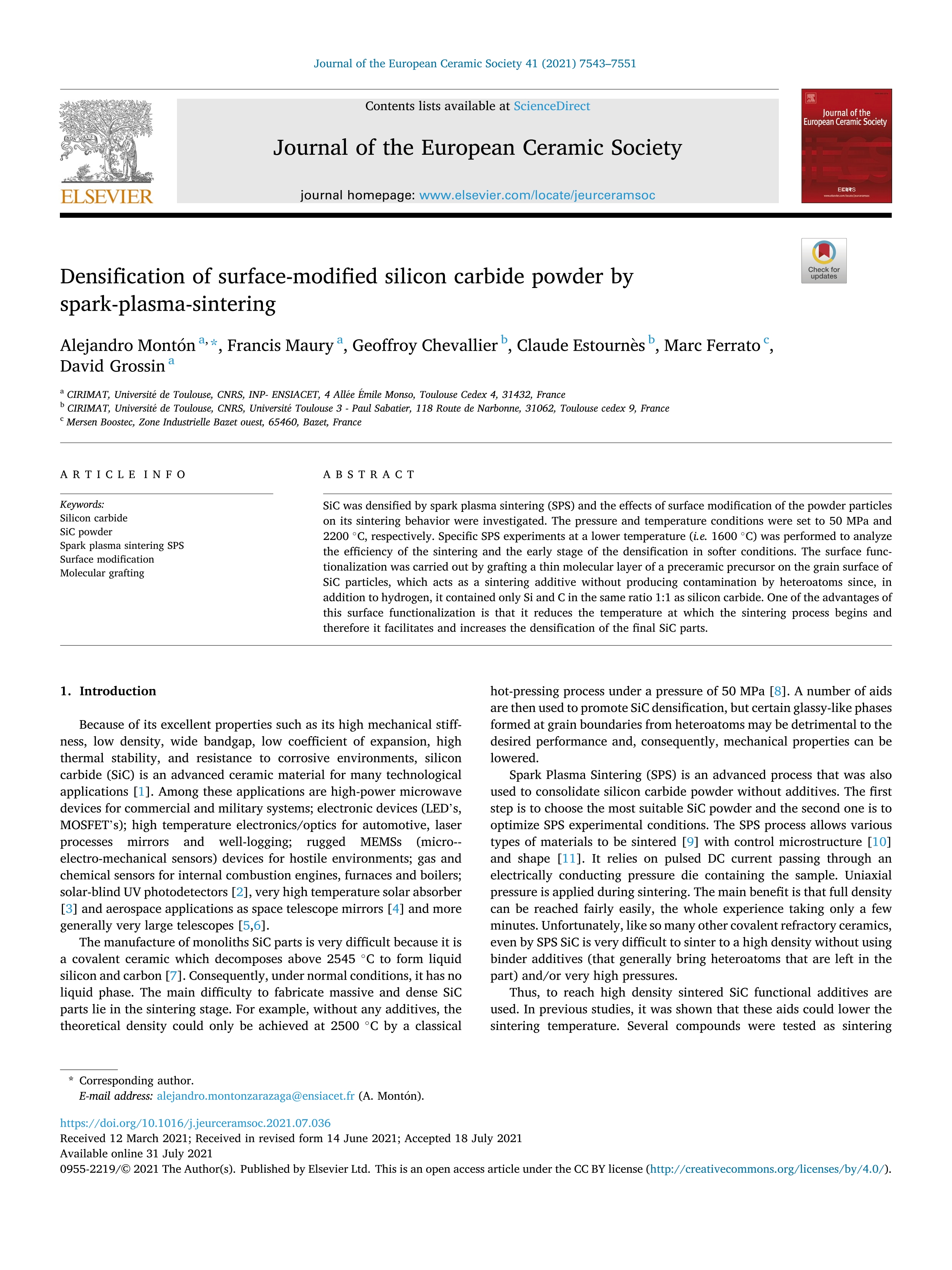 Densification of surface-modified silicon carbide powder by spark-plasma-sintering