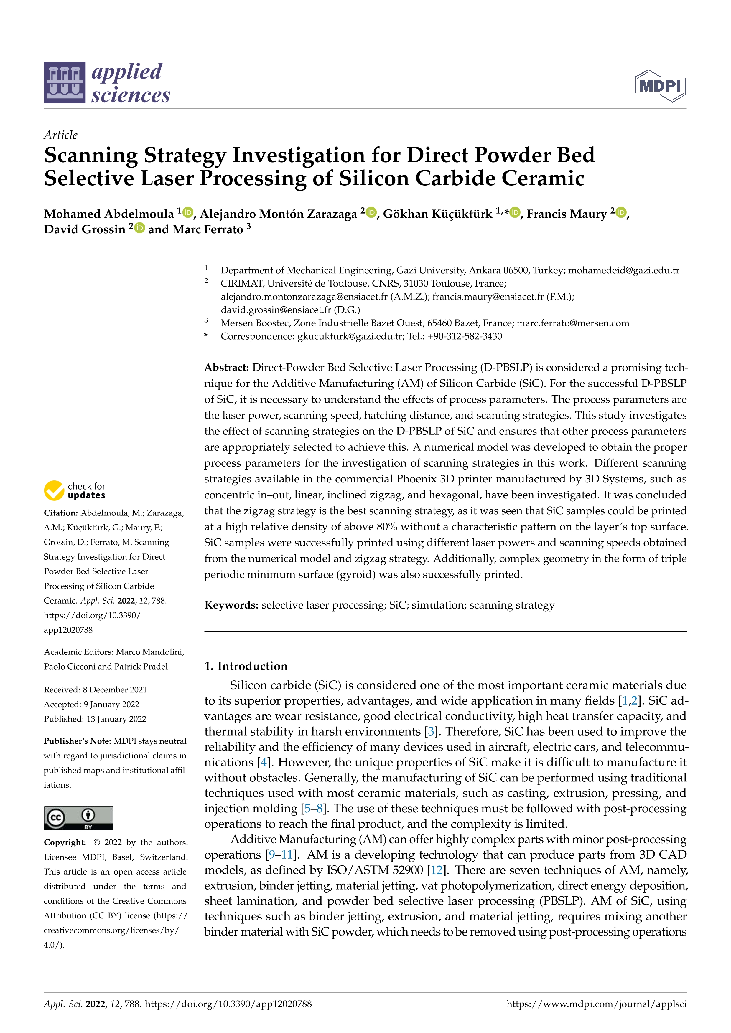 Scanning Strategy Investigation for Direct Powder Bed Selective Laser Processing of Silicon Carbide Ceramic