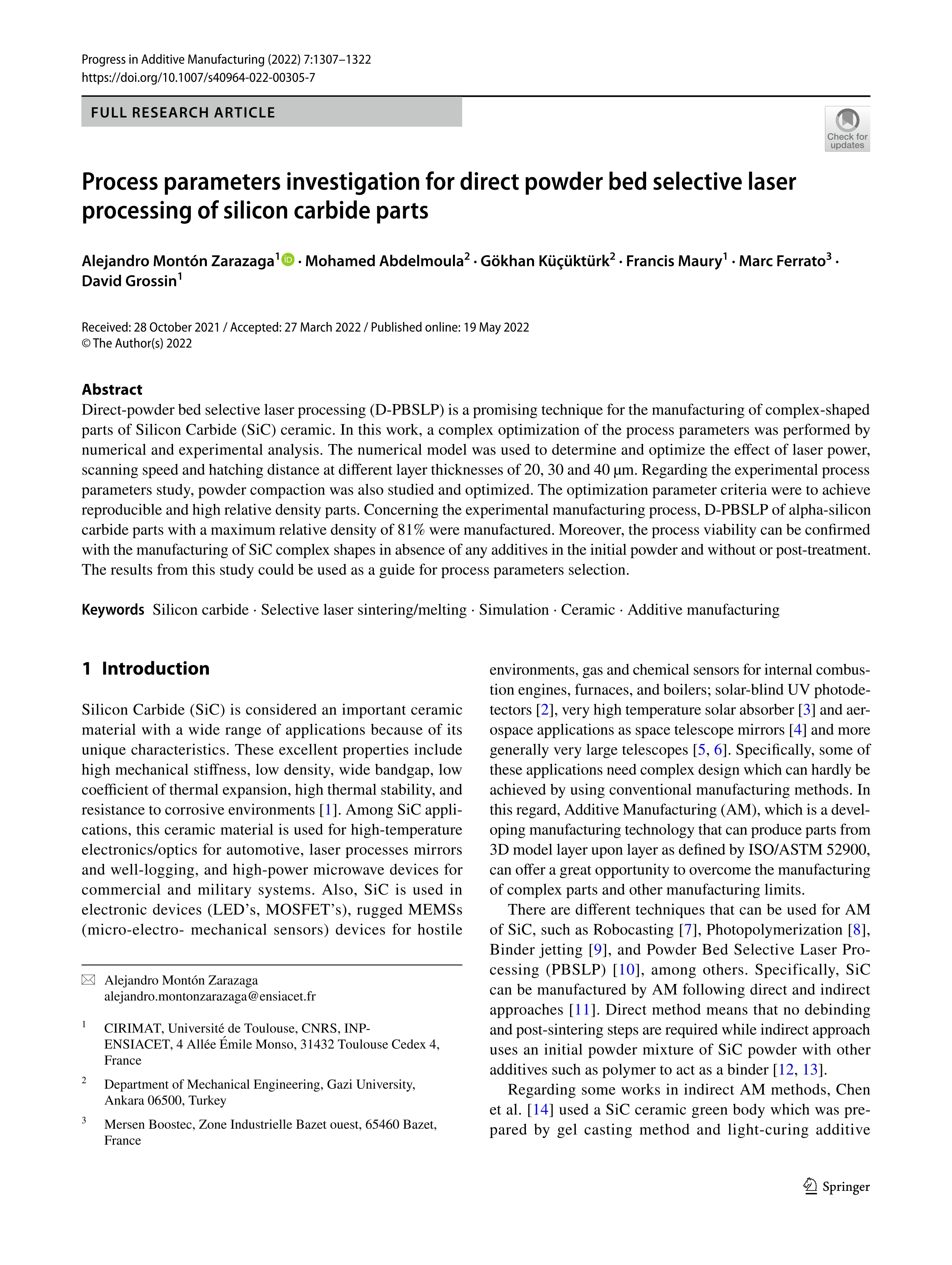 Process parameters investigation for direct powder bed selective laser processing of silicon carbide parts