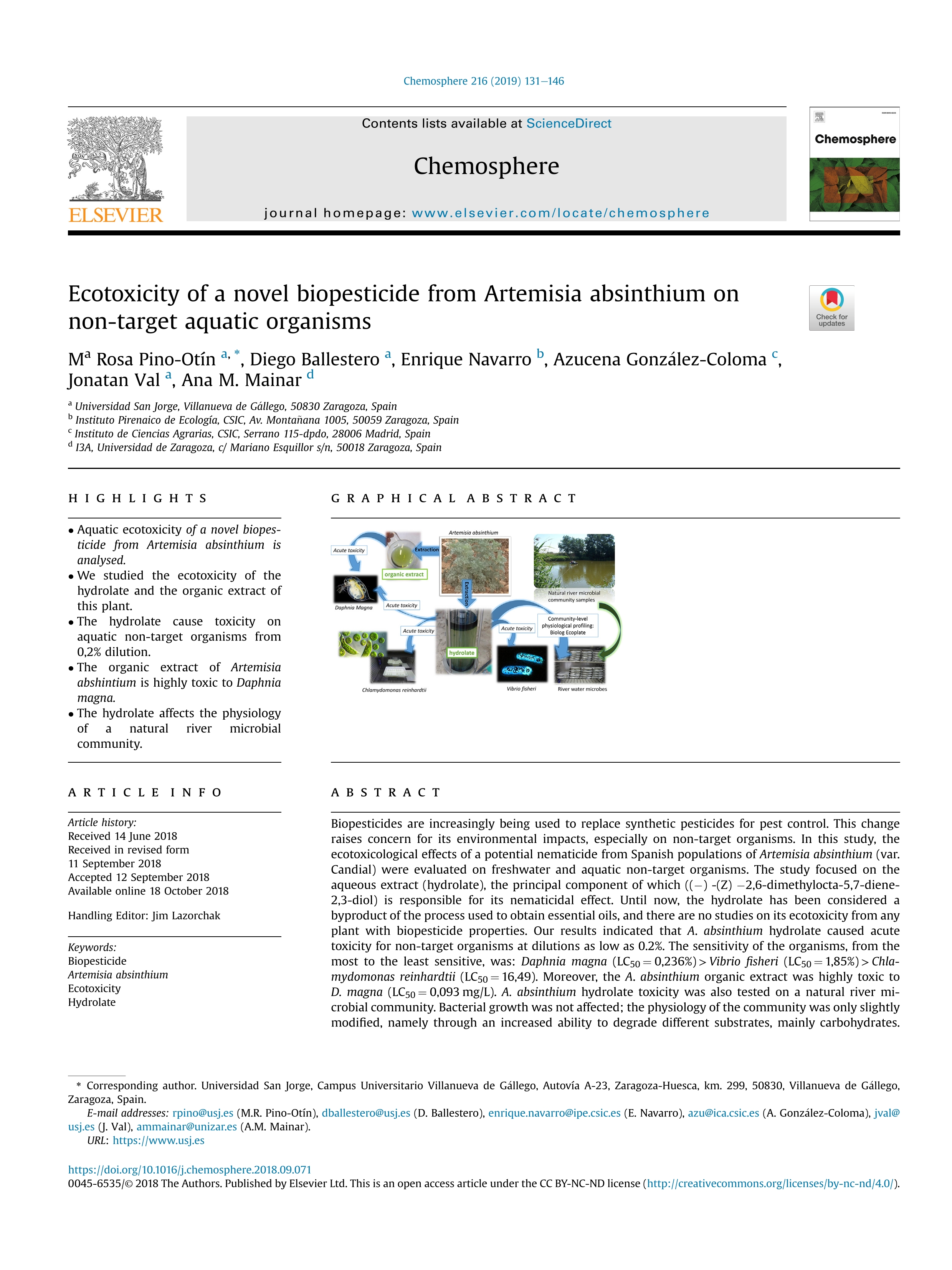 Ecotoxicity of a novel biopesticide from Artemisia absinthium on non-target aquatic organisms