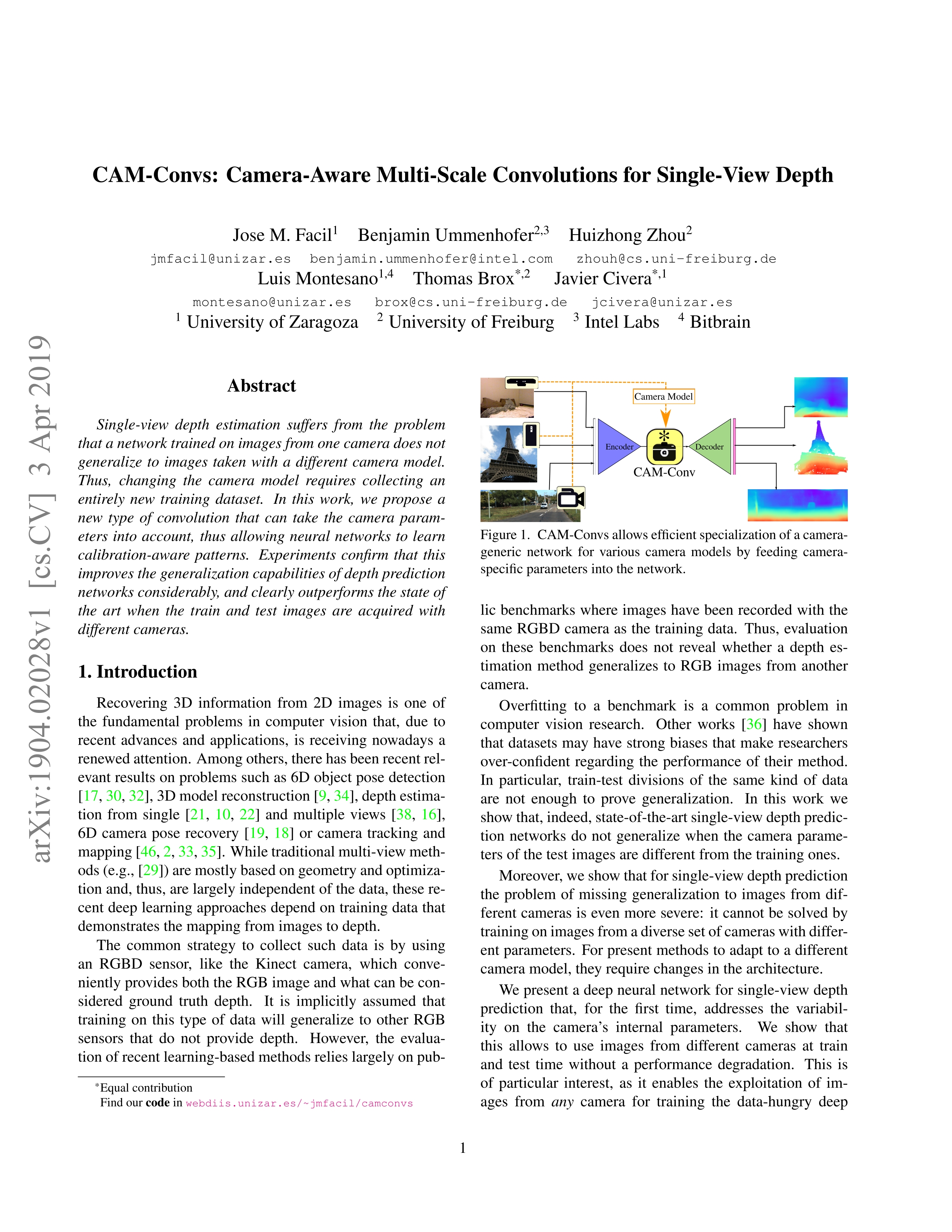 Cam-CONVS: Camera-aware multi-scale convolutions for single-view depth