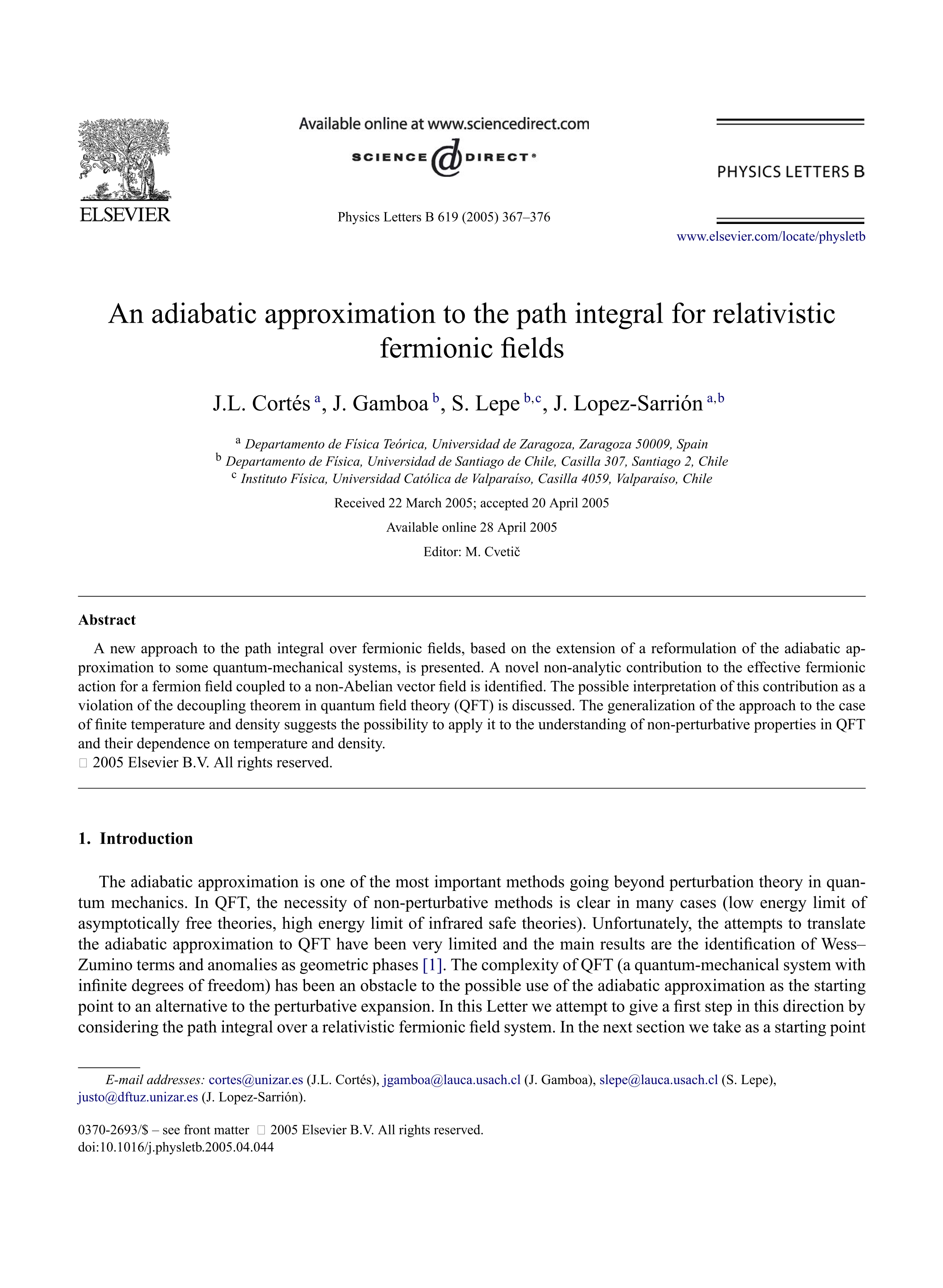 An adiabatic approximation to the path integral for relativistic fermionic fields