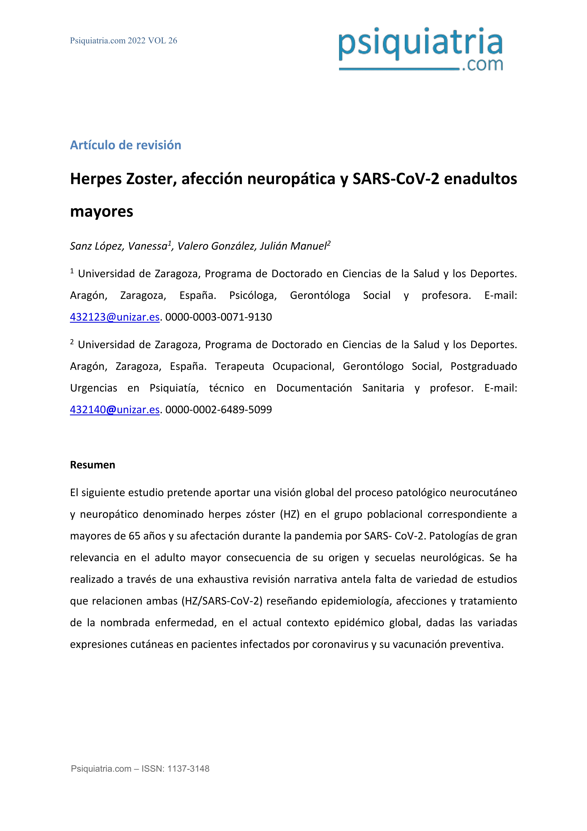 Herpes Zoster, afección neuropática y SARS-CoV-2 en adultos mayores