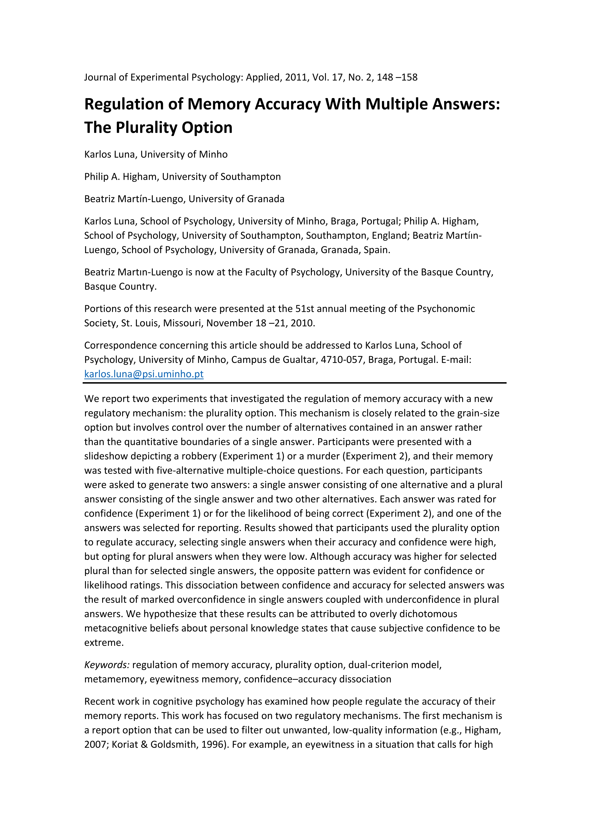 Regulation of memory accuracy with multiple answers: The plurality option.