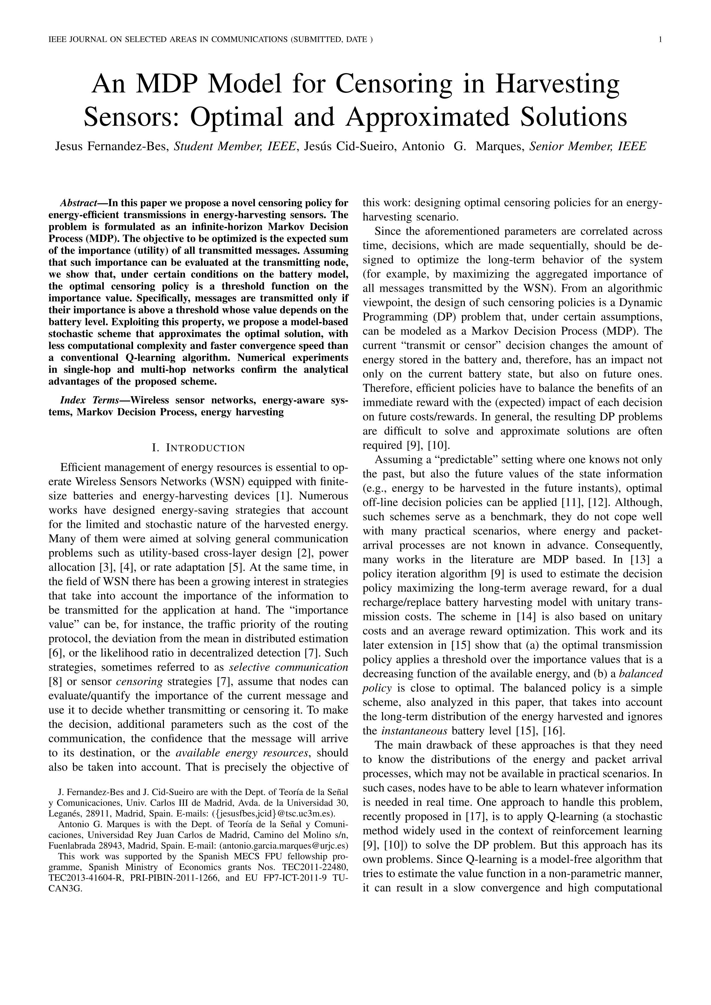 An MDP Model for Censoring in Harvesting Sensors: Optimal and Approximated Solutions