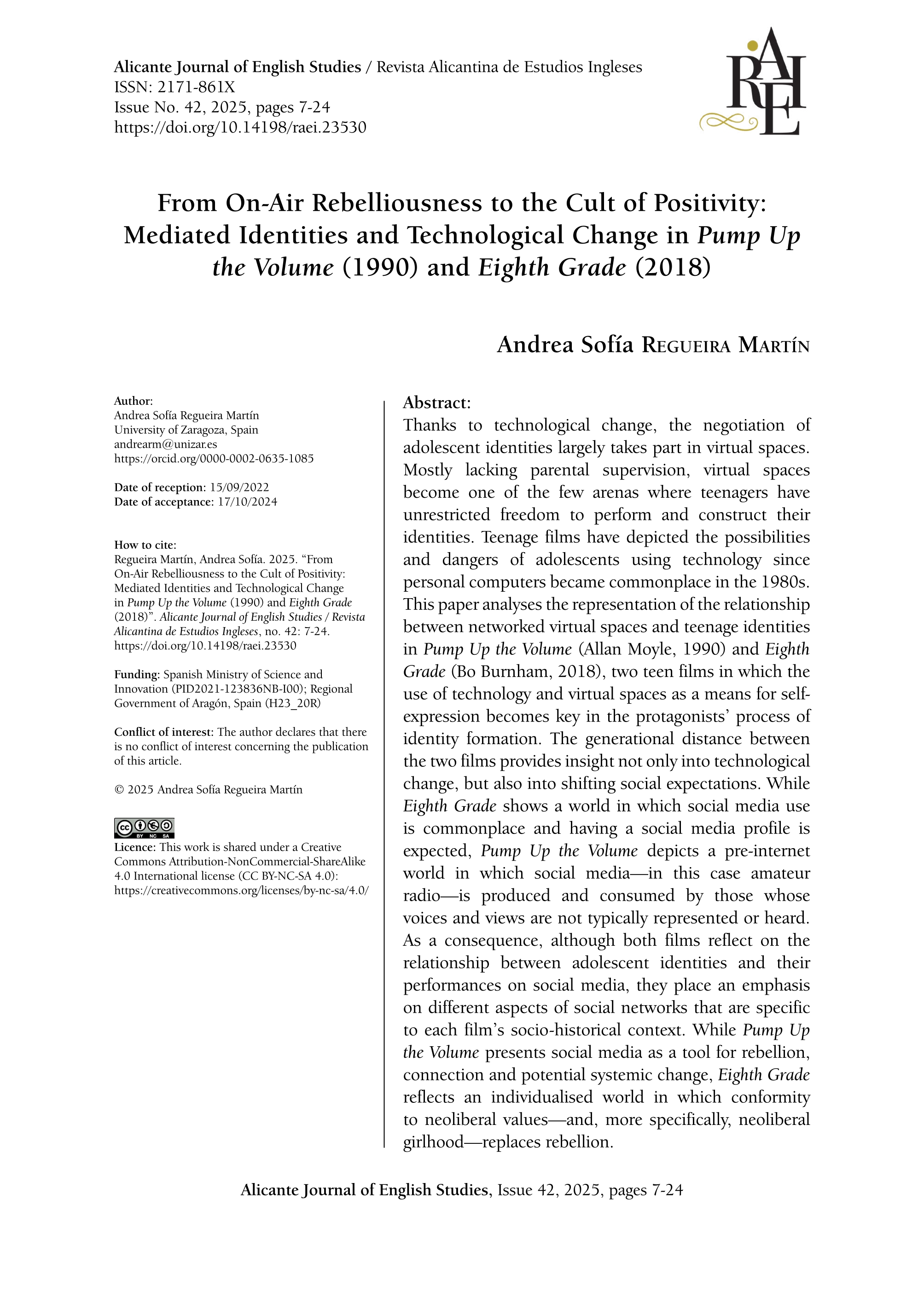 From On-Air Rebelliousness to the Cult of Positivity: Mediated Identities and Technological Change in Pump Up the Volume (1990) and Eighth Grade (2018)