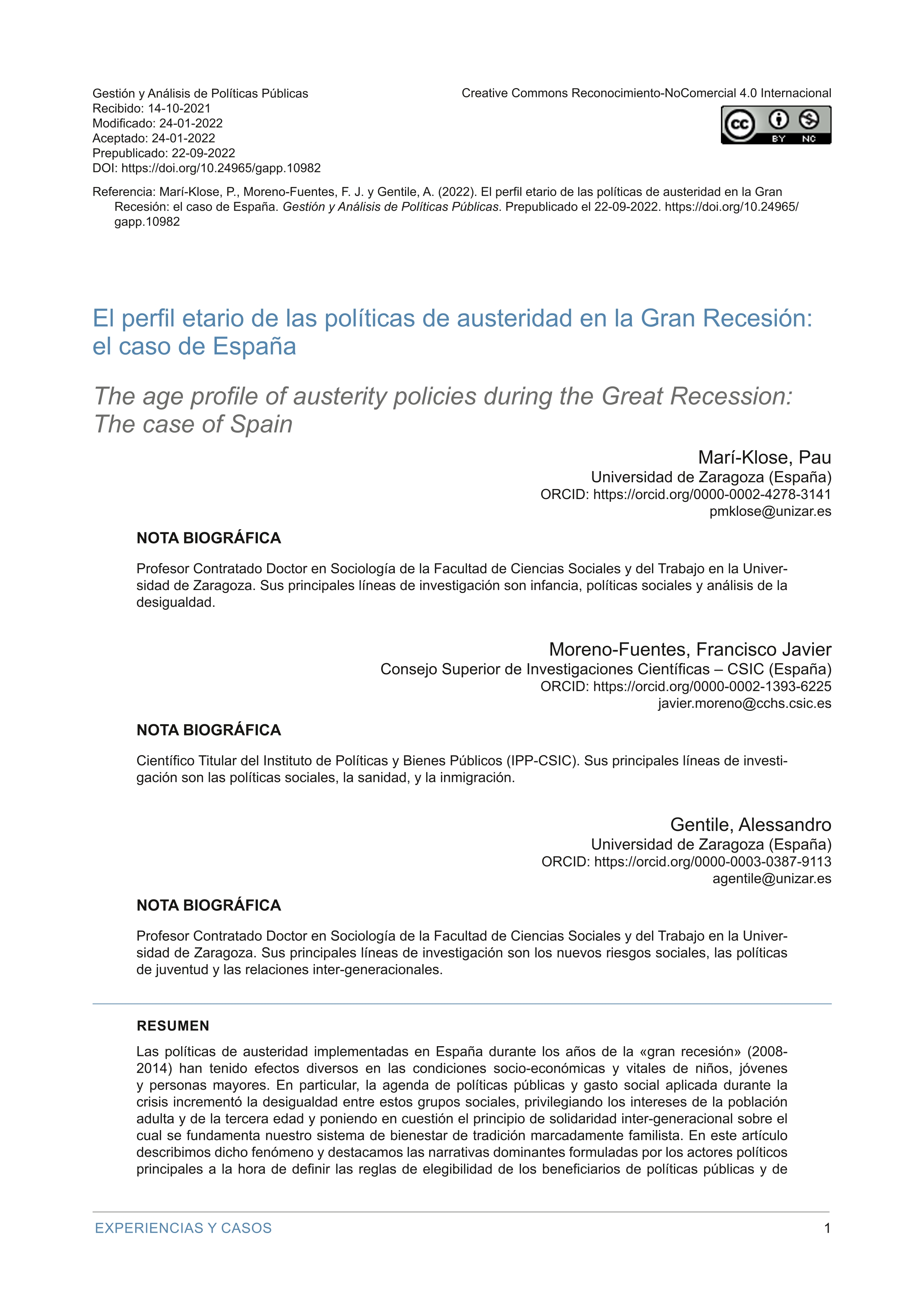 El perfil etario de las políticas de austeridad en la Gran Recesión: el caso de España