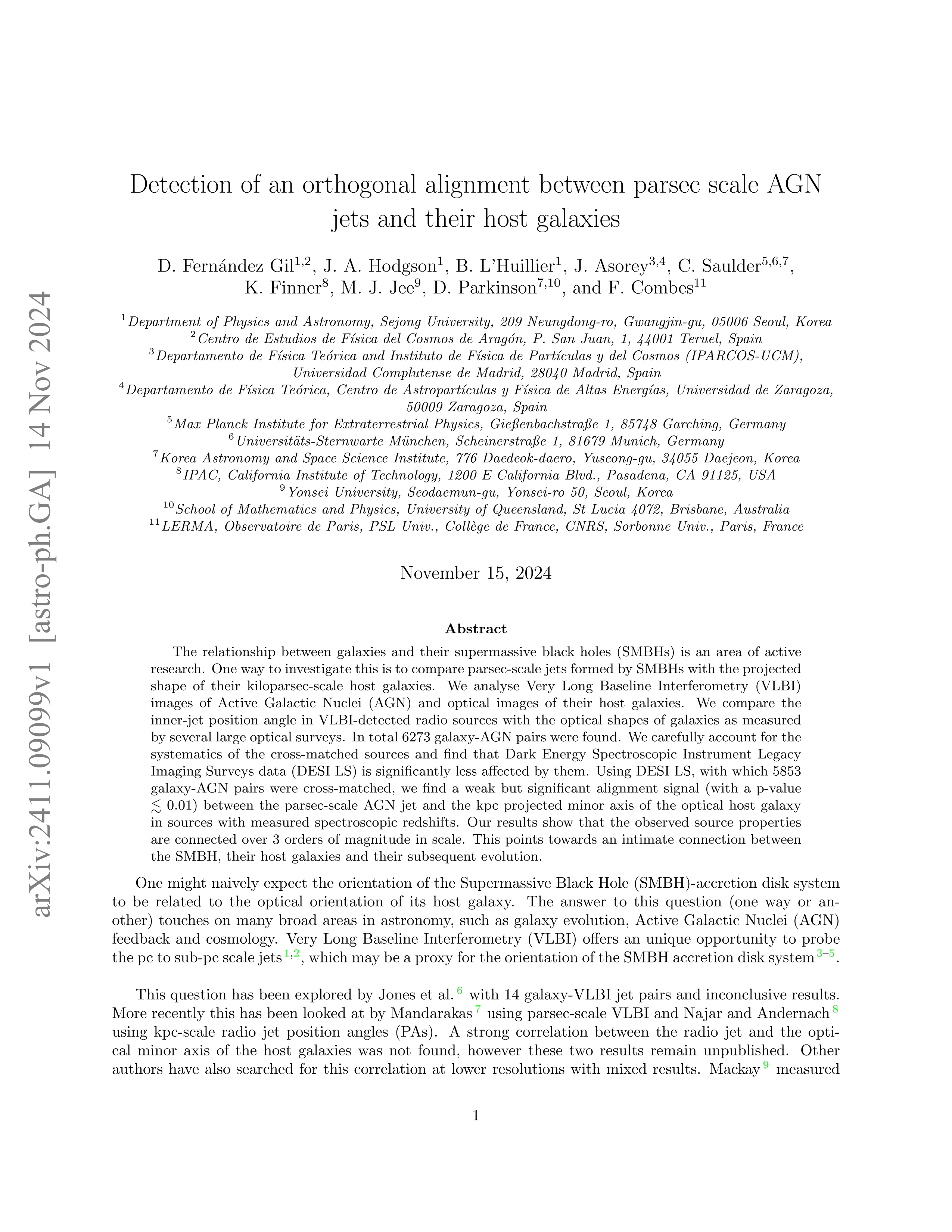 Detection of an orthogonal alignment between parsec-scale AGN jets and their host galaxies