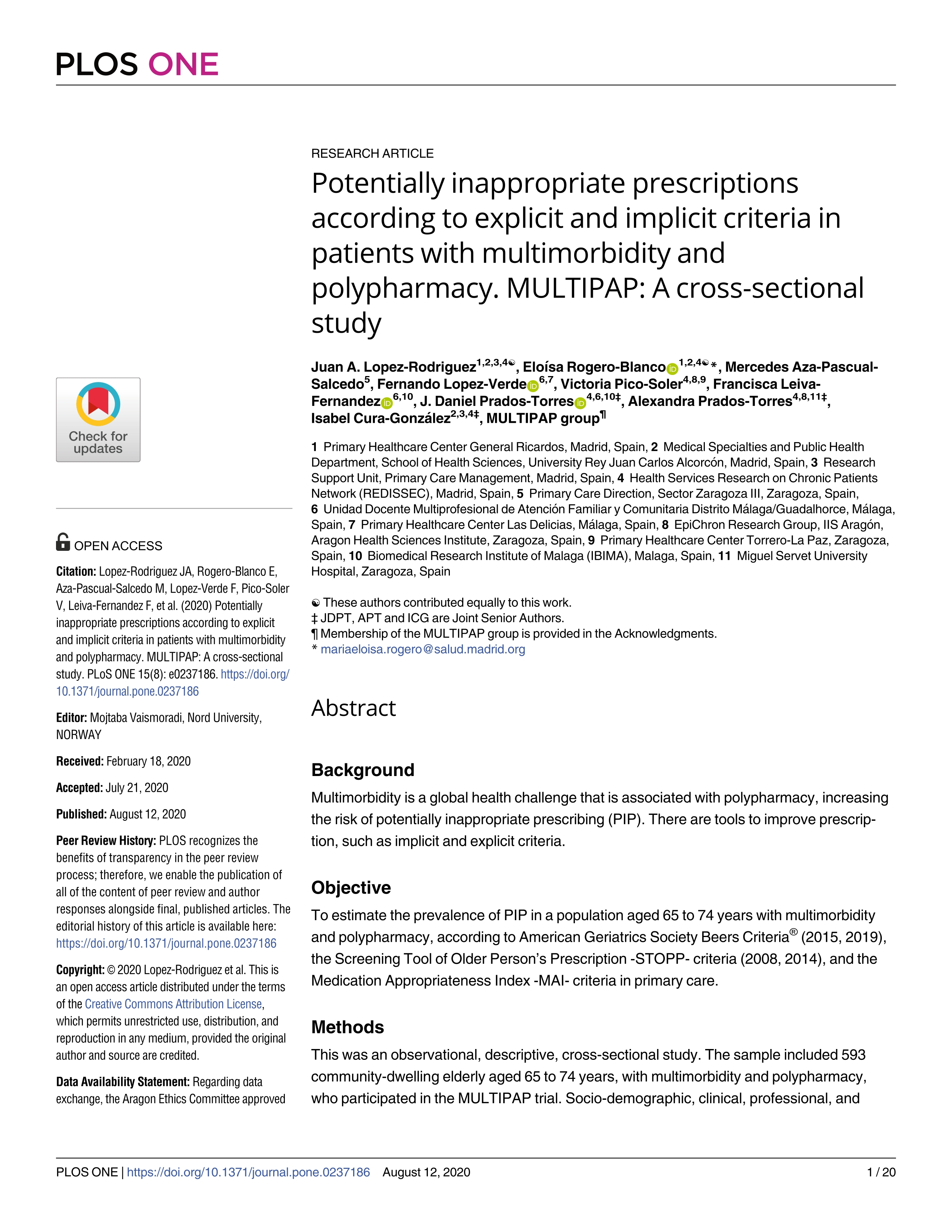 Potentially inappropriate prescriptions according to explicit and implicit criteria in patients with multimorbidity and polypharmacy. MULTIPAP: A cross-sectional study